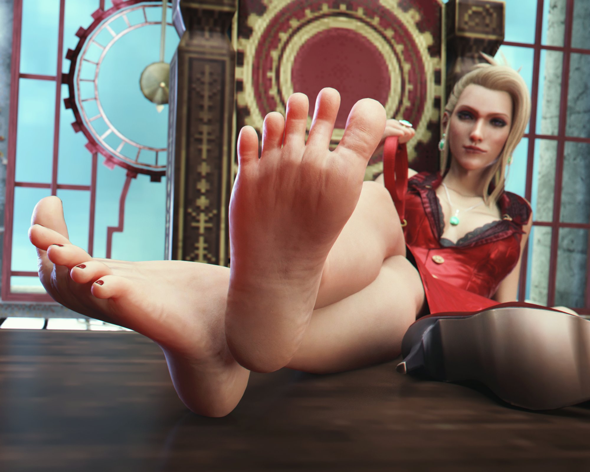 1girls, 3d, barefoot, blonde female, dawadd, feet, female, female only, final fantasy, final fantasy vii, foot fetish, pov feet, presenting, presenting feet, red toenails, scarlet (ffvii), soles, solo, toes