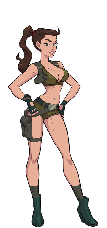 breasts brown_eyes brown_hair character_sheet clothed_female female_focus female_only fingerless_gloves green_shorts green_tank_top gun_holster heel_boots kink_inc. lana_(kink_inc.) lara_croft lara_croft_(cosplay) light-skinned_female looking_at_viewer model_sheet nutaku ponytail short_shorts slim_waist solo_female solo_focus tender_troupe tomb_raider transparent_background