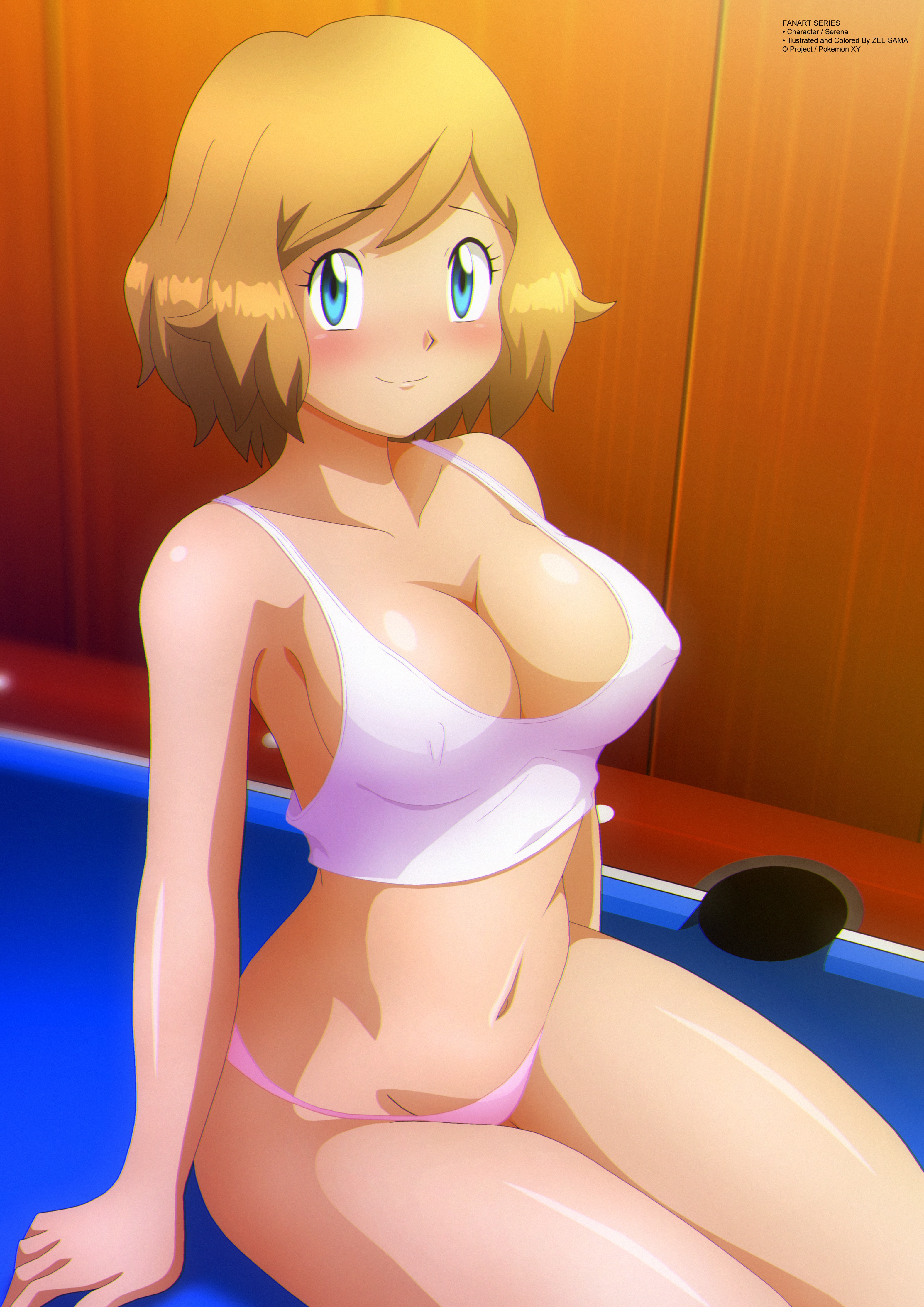 1girls, big breasts, blonde hair, blonde-haired female, blue eyes, breasts, eye contact, female, looking at viewer, nintendo, nipple bulge, panties, pink panties, pokemon, pokemon xy, serena (pokemon), short hair, sitting, solo, thick thighs, thighs, zel-sama