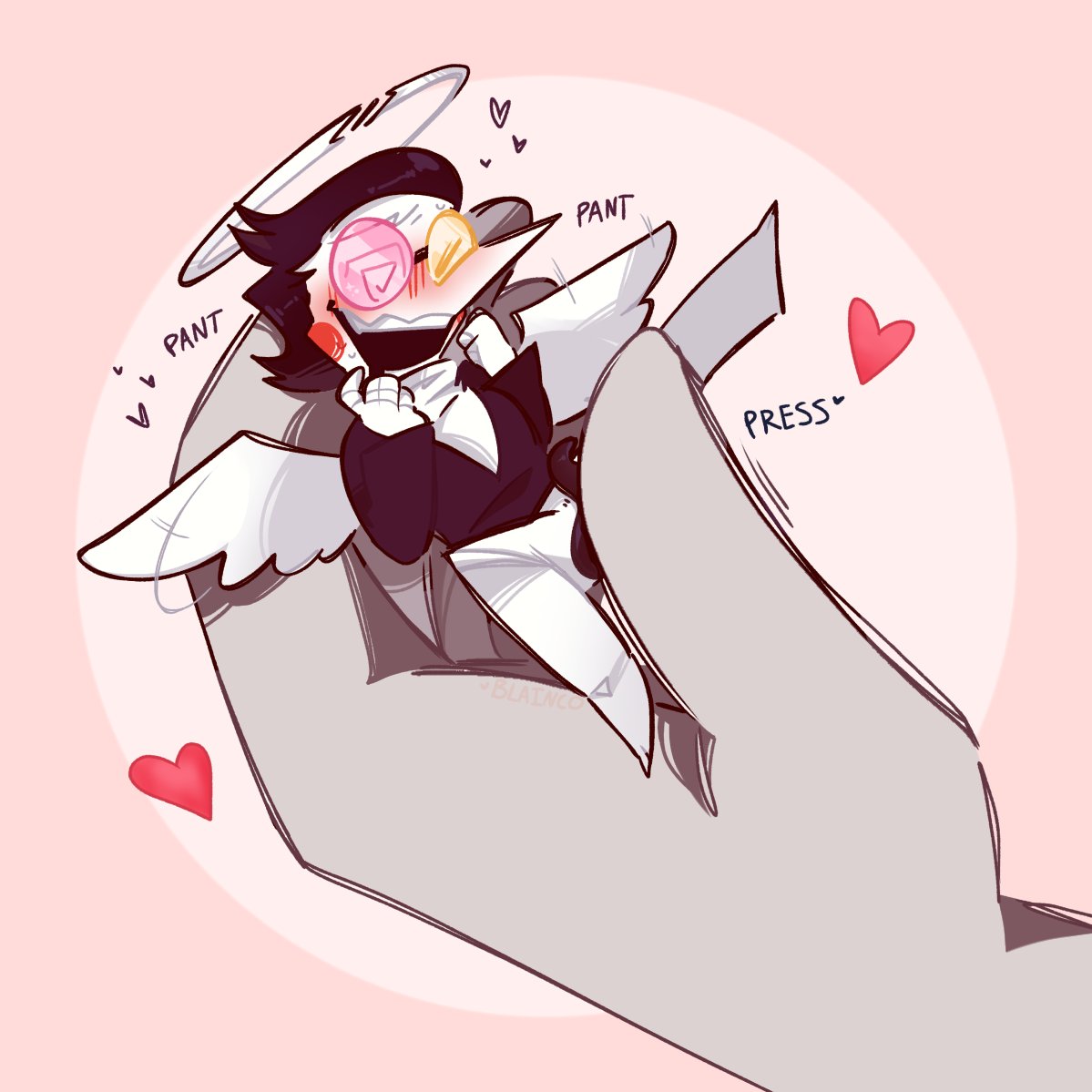 angel angel_halo angel_wings anon black_hair blush blushing clothed clothes clothing cute deltarune dressed english english_text glasses halo hand happy happy_sub heart hearts micro microphilia not_human open_mouth panting penis pink_background pressing slootykinq small spamton_g_spamton text tiny wearing_glasses wings