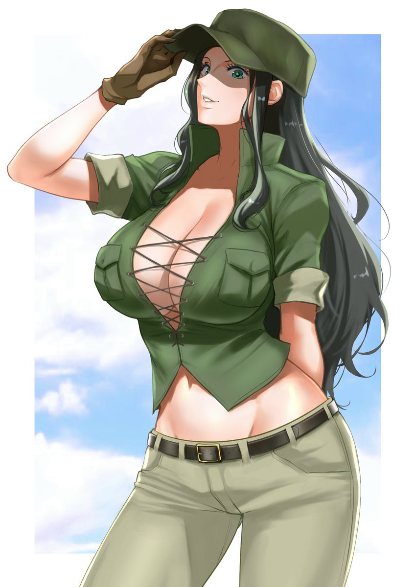 1girls 2d_(artwork) anagumasan aqua_eyes big_breasts black_hair breast_pocket breasts cleavage clothed eye_contact female female_only front_view fully_clothed gloves green_shirt khakis large_breasts light-skinned_female light_skin long_hair looking_at_viewer midriff military_uniform nico_robin one_piece one_piece_film_gold outdoors outside solo solo_female tagme uniform