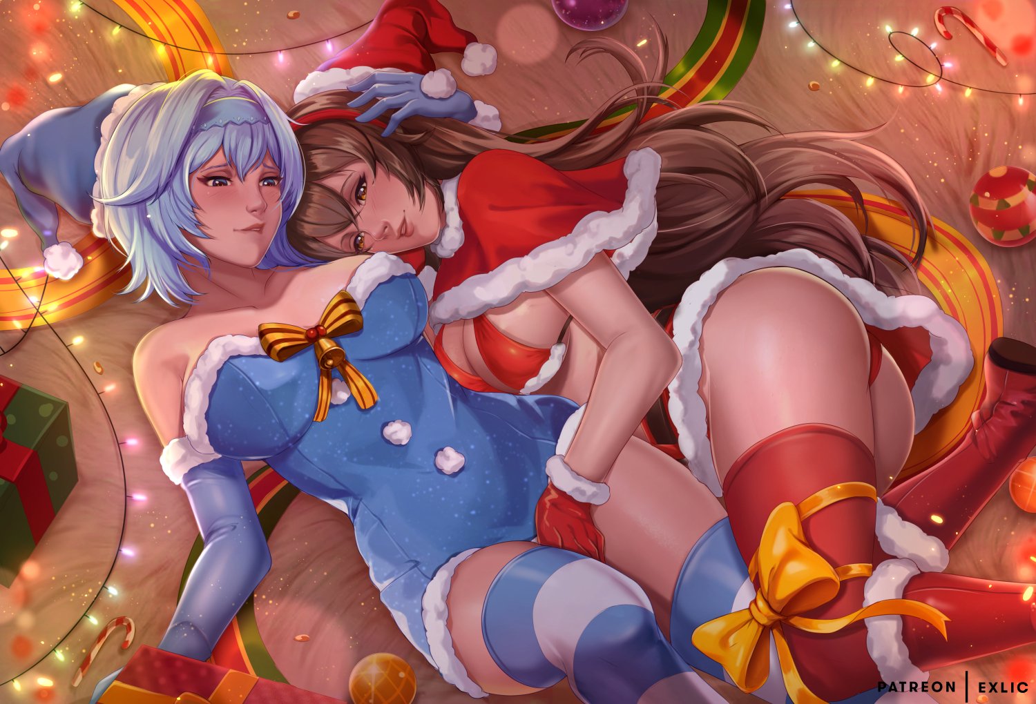 2d (artwork), 2girls, amber (genshin impact), ass, big ass, big breasts, blush, breasts, christmas, eula (genshin impact), exlic, female, female only, genshin impact, large breasts, lesbian sex, multiple females, multiple girls, thick thighs, thighhighs, yuri