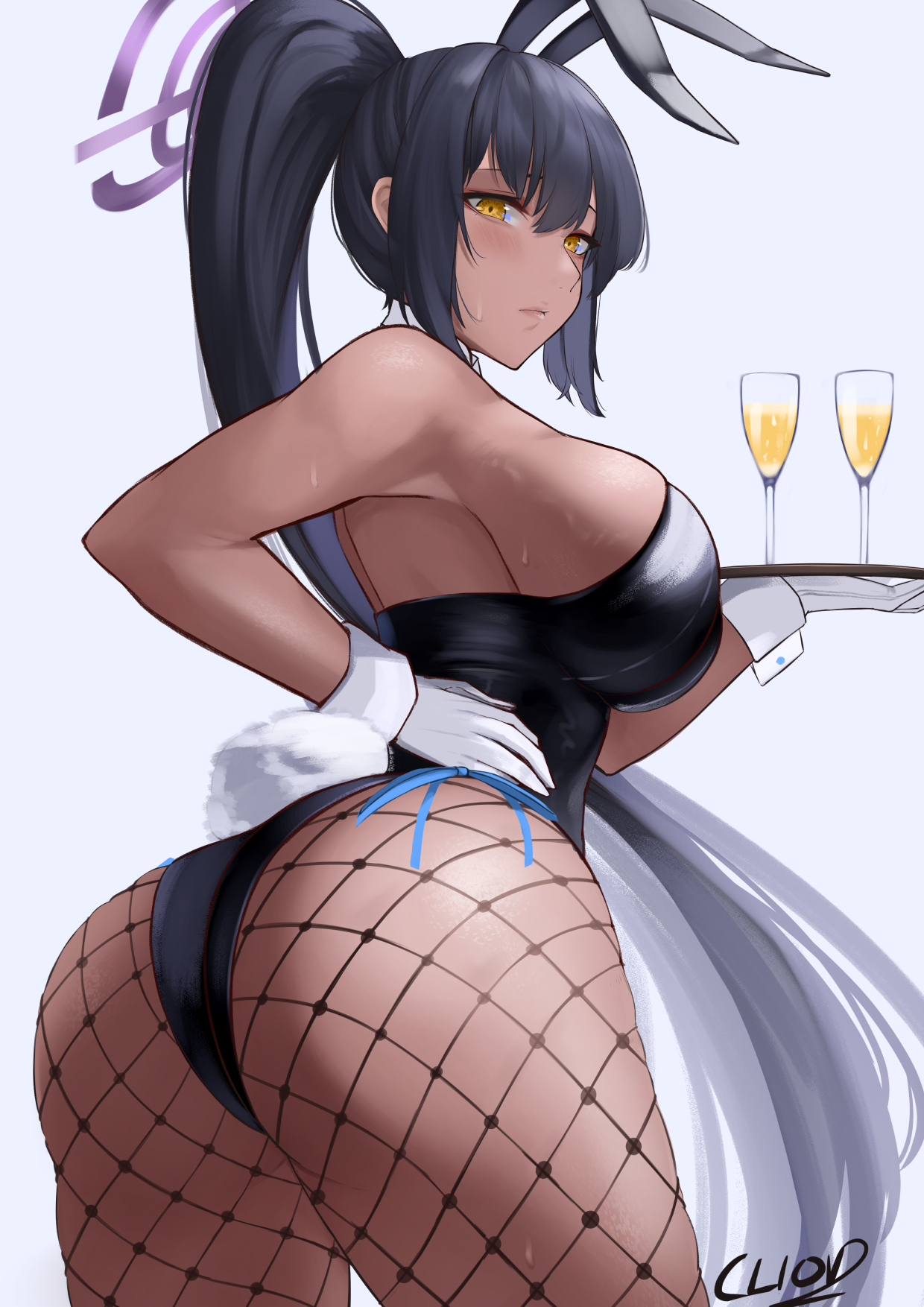 1girls, 2021, 2d (artwork), alcohol, animal ears, artist name, ass, bare shoulders, black hair, black leotard, blue archive, breasts, bunny ears, bunny tail, bunnysuit, champagne, cleaning & clearing (blue archive), cliov, closed mouth, cowboy shot, cup, dark skin, dark-skinned female, detached collar, eyebrows visible through hair, fake animal ears, female, female focus, female only, fishnet legwear, fishnets, gloves, grey hair, hair between eyes, halo, hand on hip, high ponytail, highleg, highleg leotard, highres, holding, holding tray, karin (blue archive), karin (bunny) (blue archive), large breasts, legs apart, leotard, lips, long hair, looking at viewer, looking back, millennium science school student, multicolored hair, official alternate costume, pantyhose, playboy bunny, sideboob, sidelocks, simple background, solo, solo female, strapless, strapless leotard, sweat, tail, thighs, tray, very long hair, white background, white gloves, white hair, wrist cuffs, yellow eyes