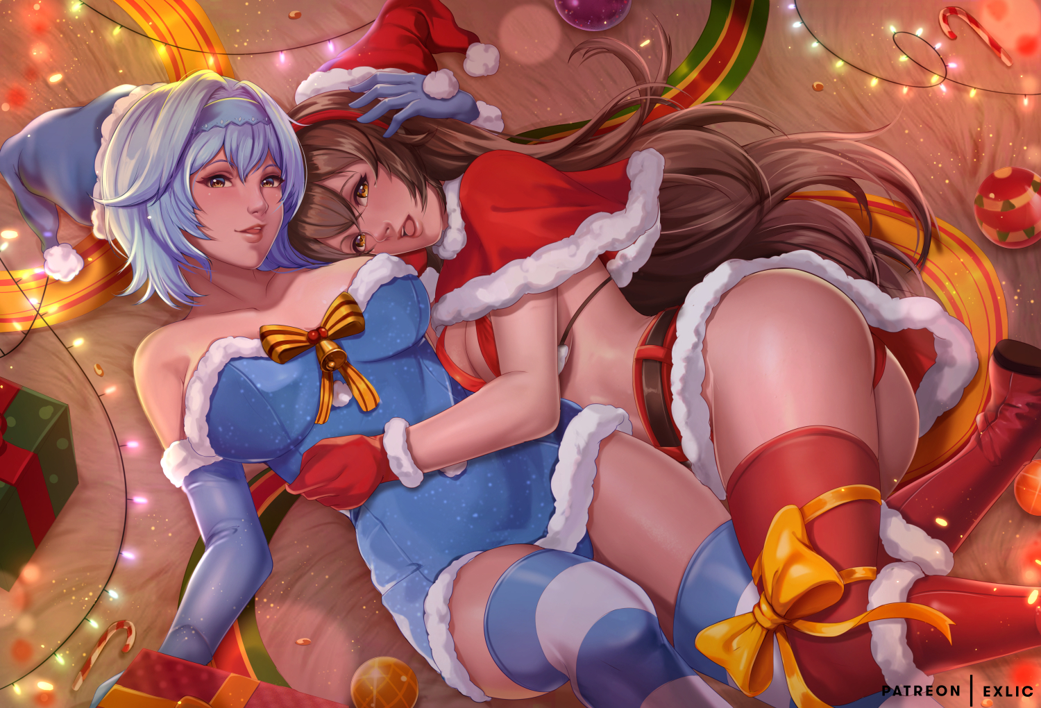 2girls, amber (genshin impact), ass, big ass, big breasts, breasts, christmas, eula (genshin impact), exlic, female, female only, genshin impact, large breasts, multiple females, multiple girls, thick thighs, thighhighs, yuri
