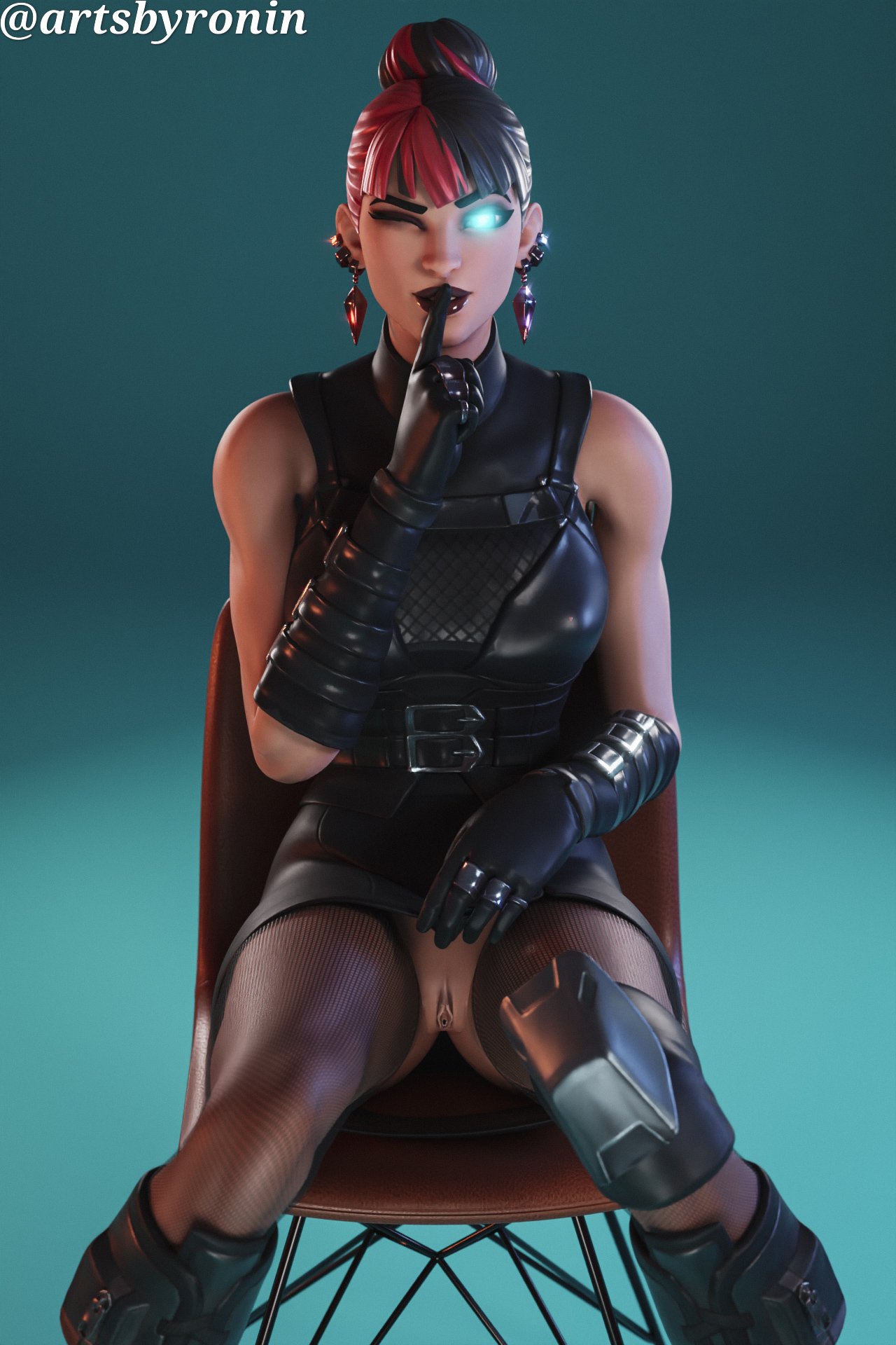 3d artsbyronin chair clothed exposed_pussy fortnite fortnite:_battle_royale gloves glowing_eye kor_(fortnite) pussy red_hair shushing sitting tagme wink