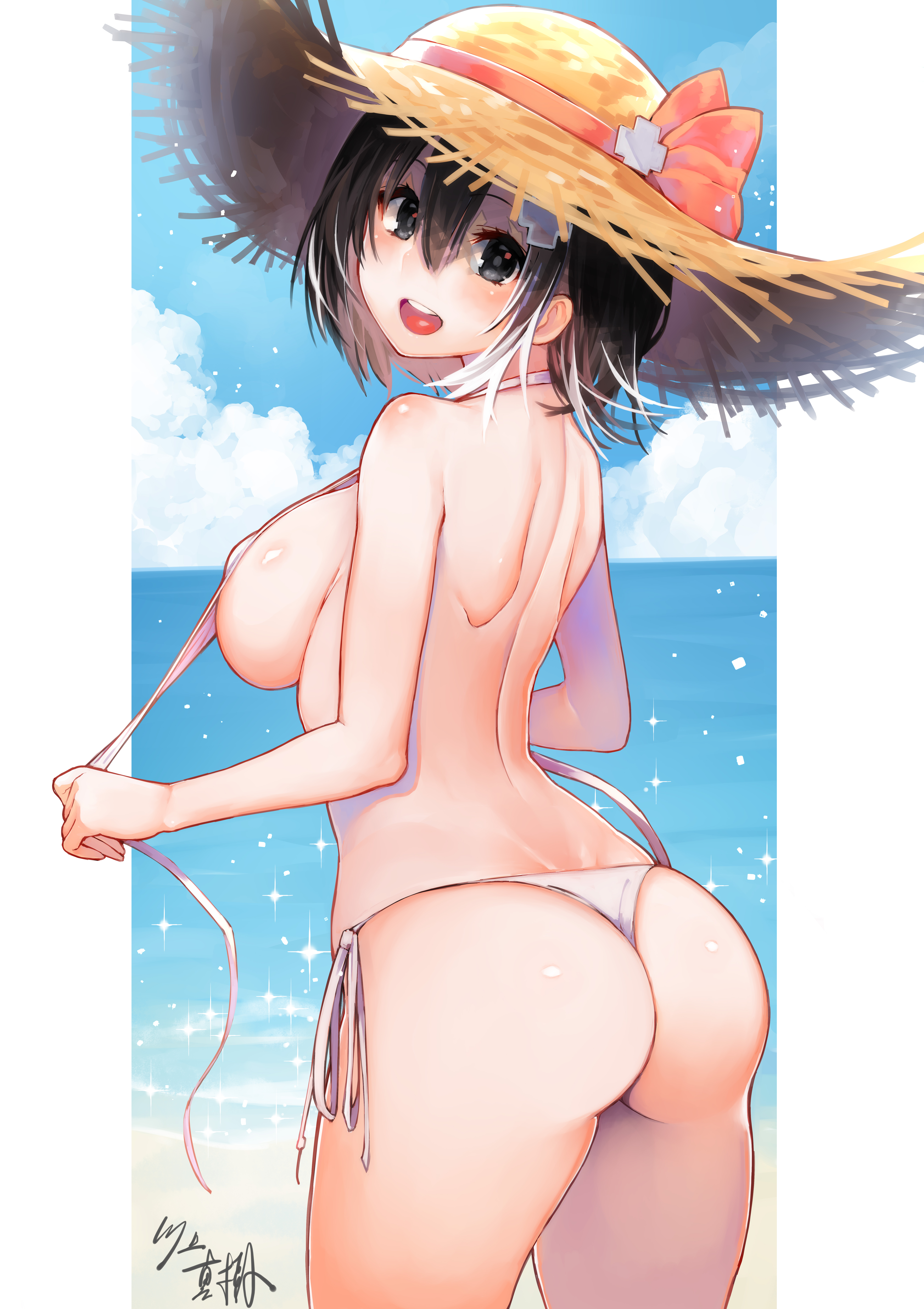 1girls, 2d (artwork), absurd res, artist name, ass, back, bangs, beach, bikini, black eyes, black hair, blue sky, blurry, blush, breasts, clothing, cloud, cloudy sky, cowboy shot, cross hair ornament, day, depth of field, erect nipples, erect nipples under clothes, female, female only, grey eyes, hair between eyes, hair ornament, hat, hat ribbon, headwear, hi res, holding, kawakami masaki, large breasts, looking at viewer, looking back, multicolored hair, nipples, ocean, open mouth, original, outdoors, ribbon, short hair, shoulder blades, side-tie bikini, sidelocks, signature, sky, smile, solo, sparkle, straw hat, streaked hair, sun hat, swimsuit, teeth, thighs, thong, thong bikini, thong swimsuit, two-tone hair, untied, untied bikini, white bikini, white hair, white swimsuit