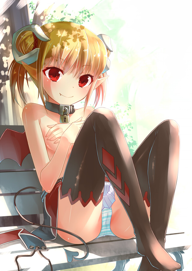 bare_shoulders blonde_hair cameltoe collar covering_breasts demon_girl demon_horns demon_tail demon_wings female female_only kakuno looking_at_viewer pointed_ears red_eyes shelly_(kakuno) short_twintails sitting smile solo solo_female succubus thighhighs