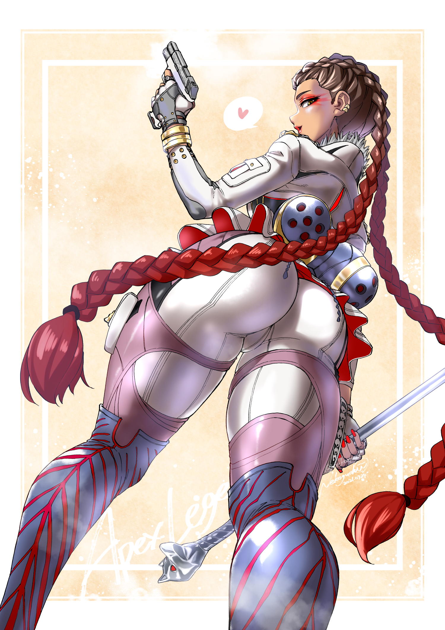 1girls, 2d, apex legends, ass, ass focus, black hair, bodysuit, braided twintails, brazilian, brown eyes, brown hair, clothing, curvy, dark skin, dark-skinned female, ear piercing, electronic arts, eyeliner, eyeshadow, female, from behind, gun, hair behind ear, handgun, heart, hi res, holding, holding gun, holding object, holding staff, holding weapon, jacket, latina, loba (apex legends), long hair, looking at viewer, looking back, looking down, makeup, nekoguchi, pants, petite, piercing, pistol, red eyeshadow, red hair, red lipstick, red nails, solo, spoken heart, staff, two-tone hair, very long hair, viewed from below