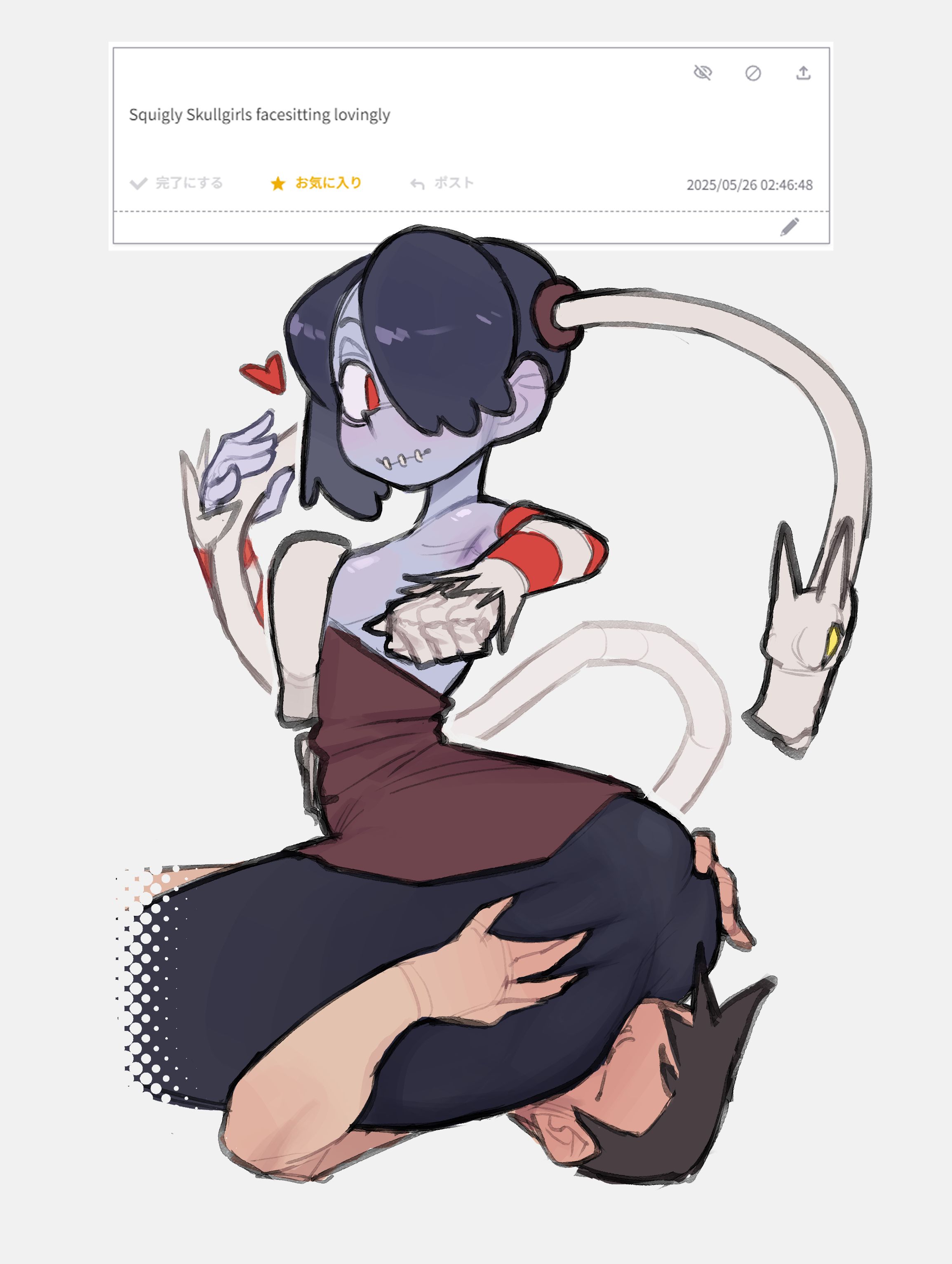 1boy, 1girls, ass, big ass, facesitting, huge ass, ruka481, skullgirls, squigly
