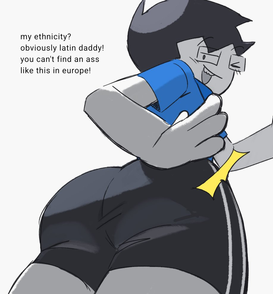 1boy, ass, ass focus, ass slap, black hair, black-haired male, clothed, clothed male, color, colored, glasses, headgear, headwear, homestuck, ilovedoggirls, john egbert, male, male focus, male only, request, short hair, short-haired male, smile, smiling, solo, solo male, suggestive look, wink, winking at viewer