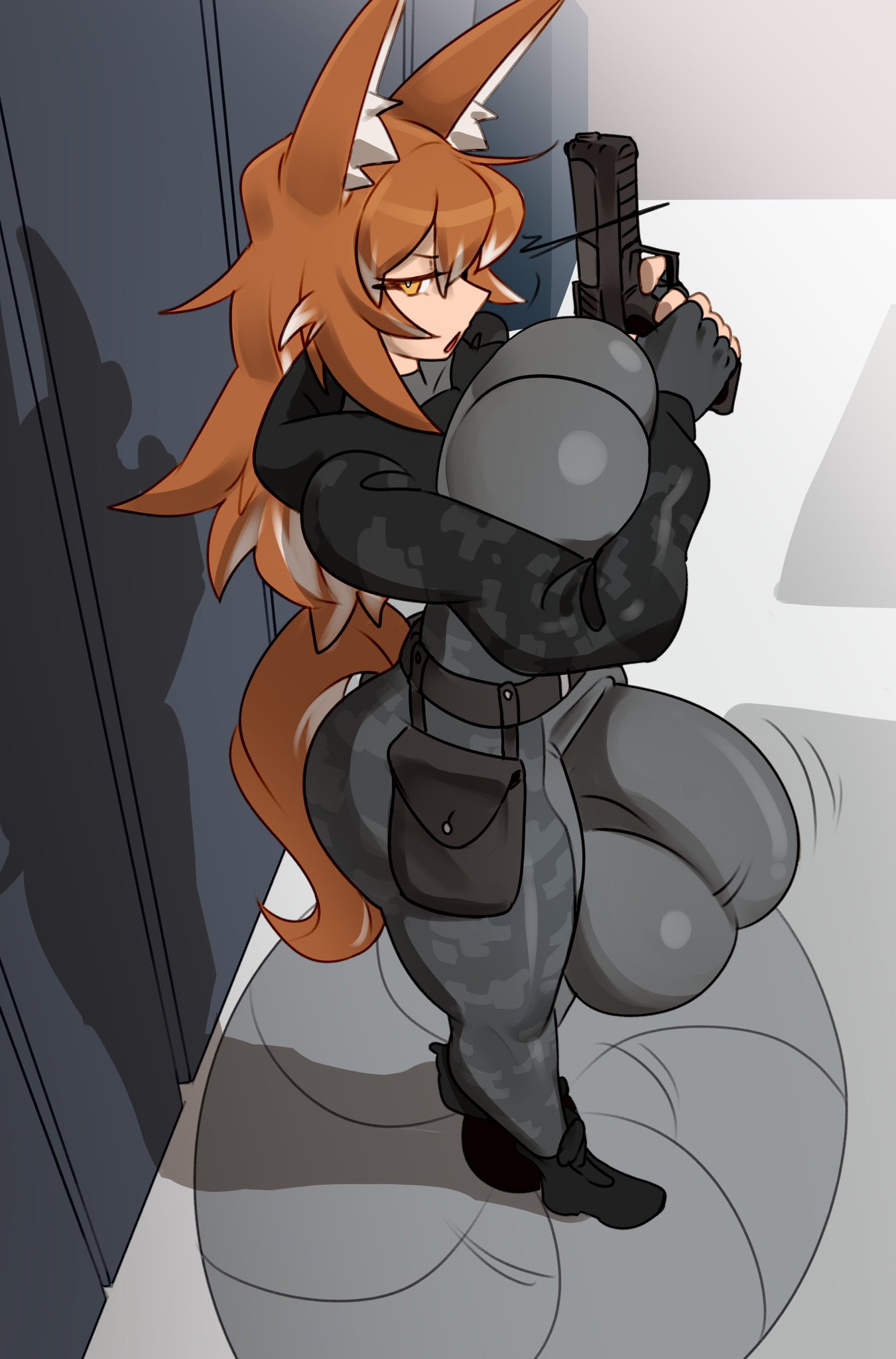 animal ears, anthro, big breasts, big penis, bodysuit, brown hair, bulge, futanari, gun, sunk118