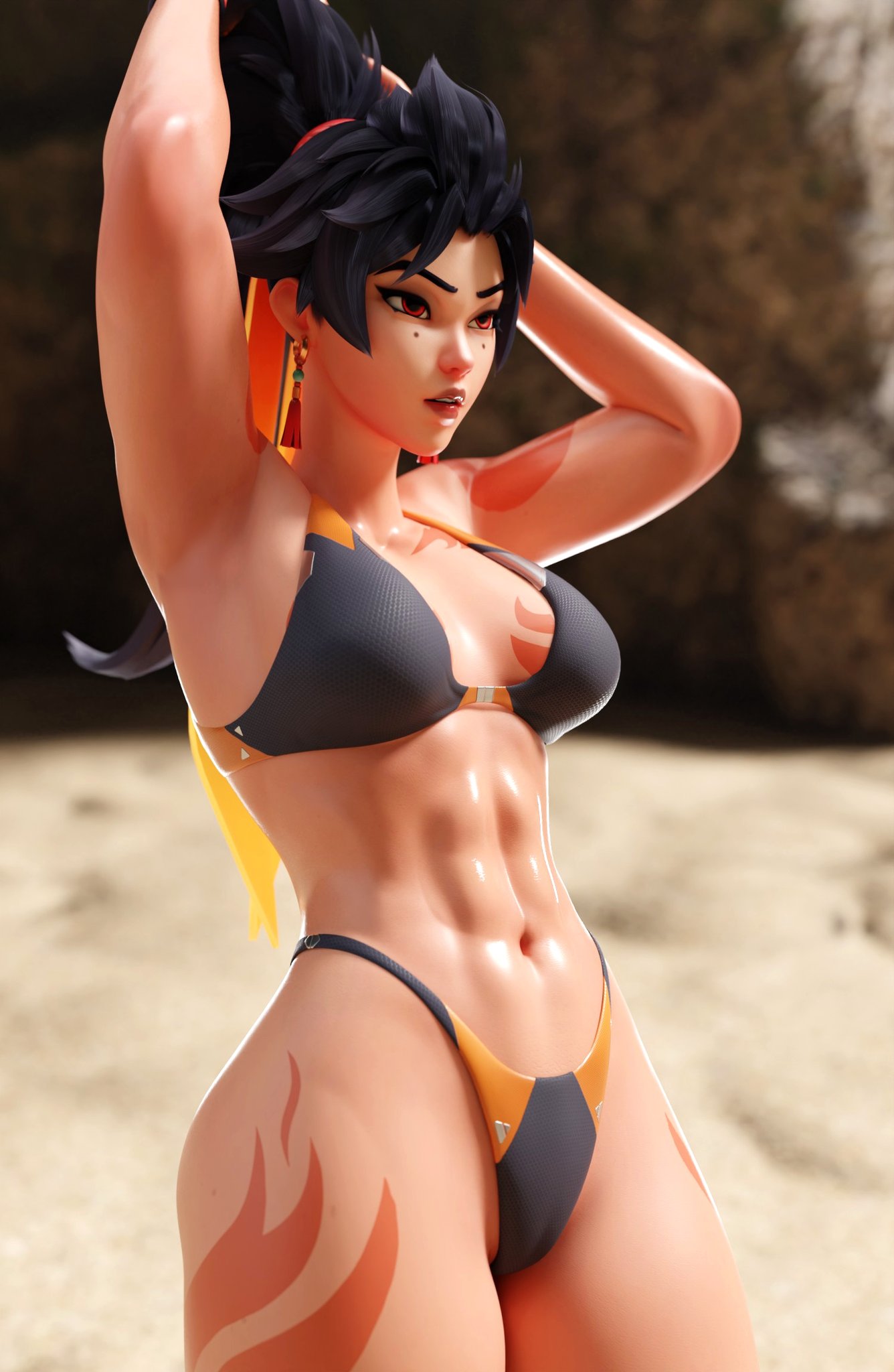 abs, anran, bikini, dzooworks, muscular female, overwatch, summer