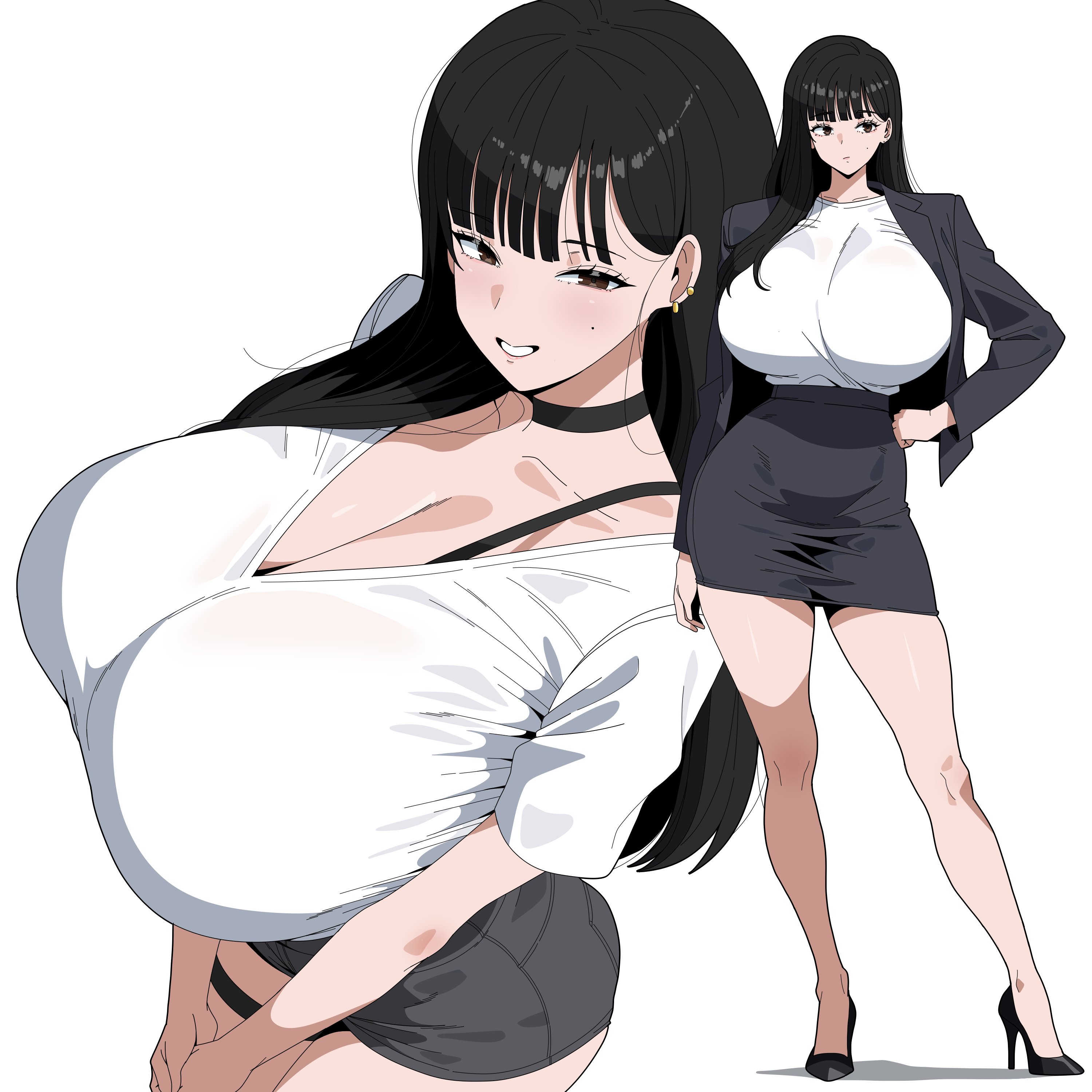 amx1375, black hair, bra strap, brown eyes, curvy, female, female only, hand on hip, huge breasts, legs, long hair, looking at viewer, massive breasts, multiple views, office lady, original, original character, smile, thick, thick thighs, thighs, wide hips