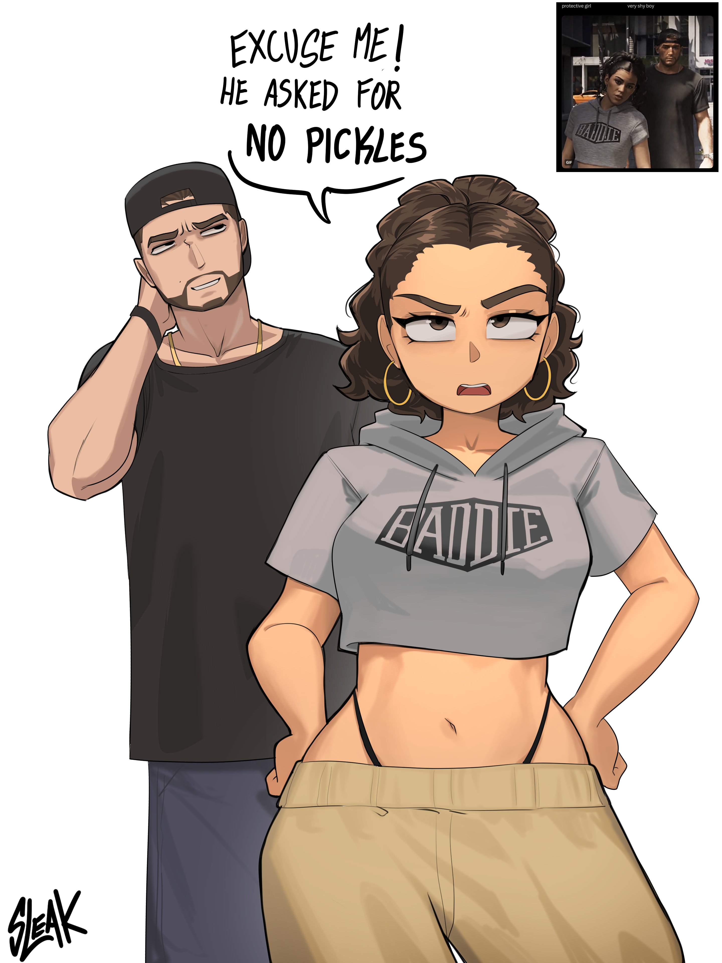 1girls, 1male, 2d, 2d (artwork), absurd resolution, alternate outfit, annoyed, annoyed expression, beautiful body, beautiful woman, before and after, boyfriend-girlfriend, brown-haired female, canon couple, chain necklace, collarbone, defending, dialogue, earrings, gold chain, golden chain, grand theft auto, grand theft auto vi, hands on hip, high quality, highres, jason duval, latina, leaning to the side, lucia caminos, mature woman, reference image, sexy body, short-haired female, short-haired male, simple background, sleakj3, slim female, slim waist, speech bubble, sweater, thong, thong above pants, wholesome, wholesome as fuck