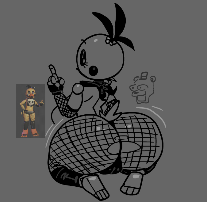 anthro, anthro only, big ass, big breasts, cameltoe, fat ass, fishnets, five nights at freddy's, five nights at freddy's 2, goth, goth girl, looking at viewer, looking back, middle finger, monochrome, mr. nobody, ripped clothing, ripped stockings, thehoraco, toy chica (fnaf), twerking