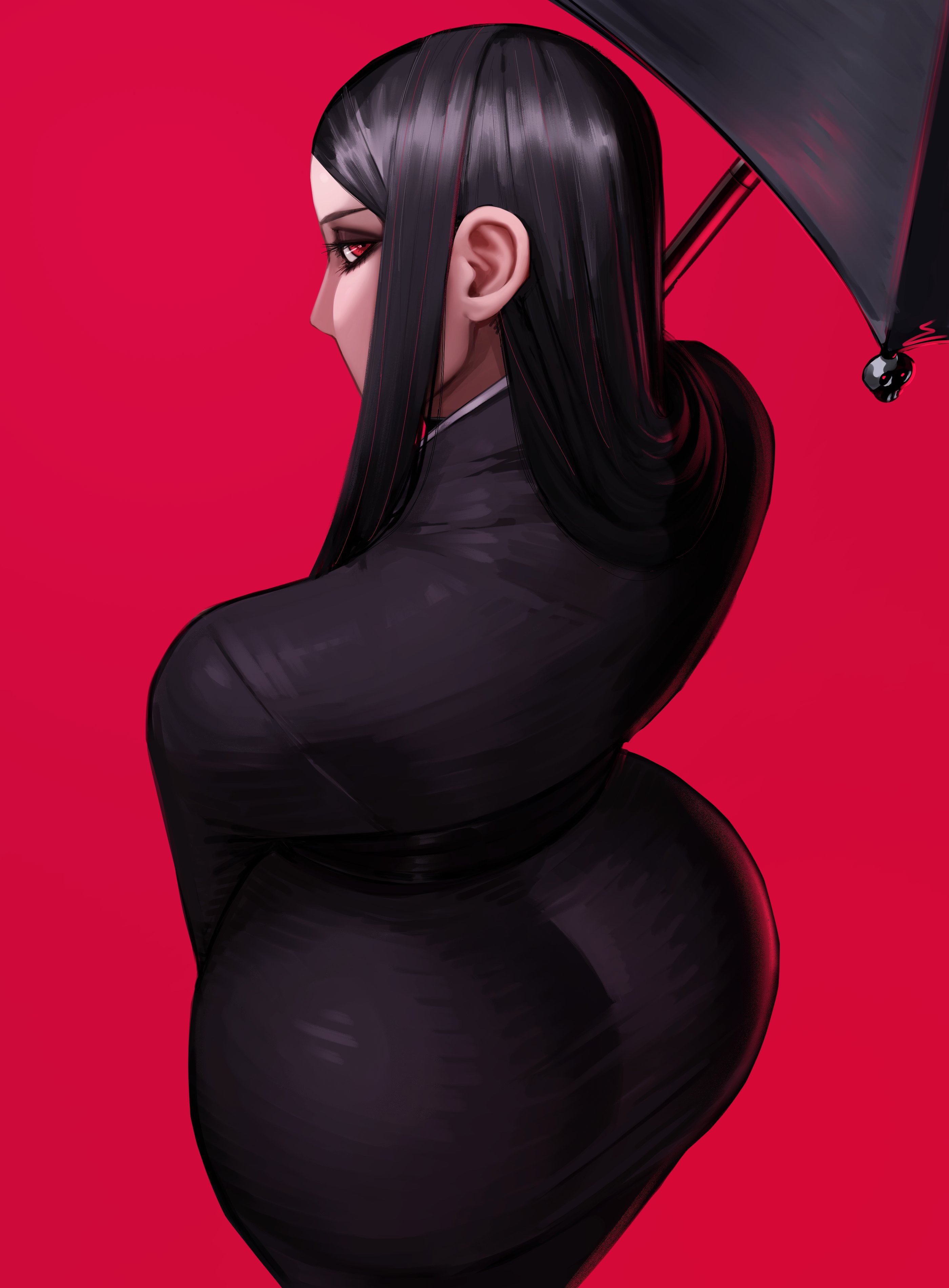 1boy, 2026, 2d, ass, ass visible through clothes, axred7, black hair, black suit, collared shirt, ears visible through hair, femboy, guilty gear, huge ass, long hair, red background, red eyes, solo, standing, suit, tagme, testament (guilty gear), umbrella