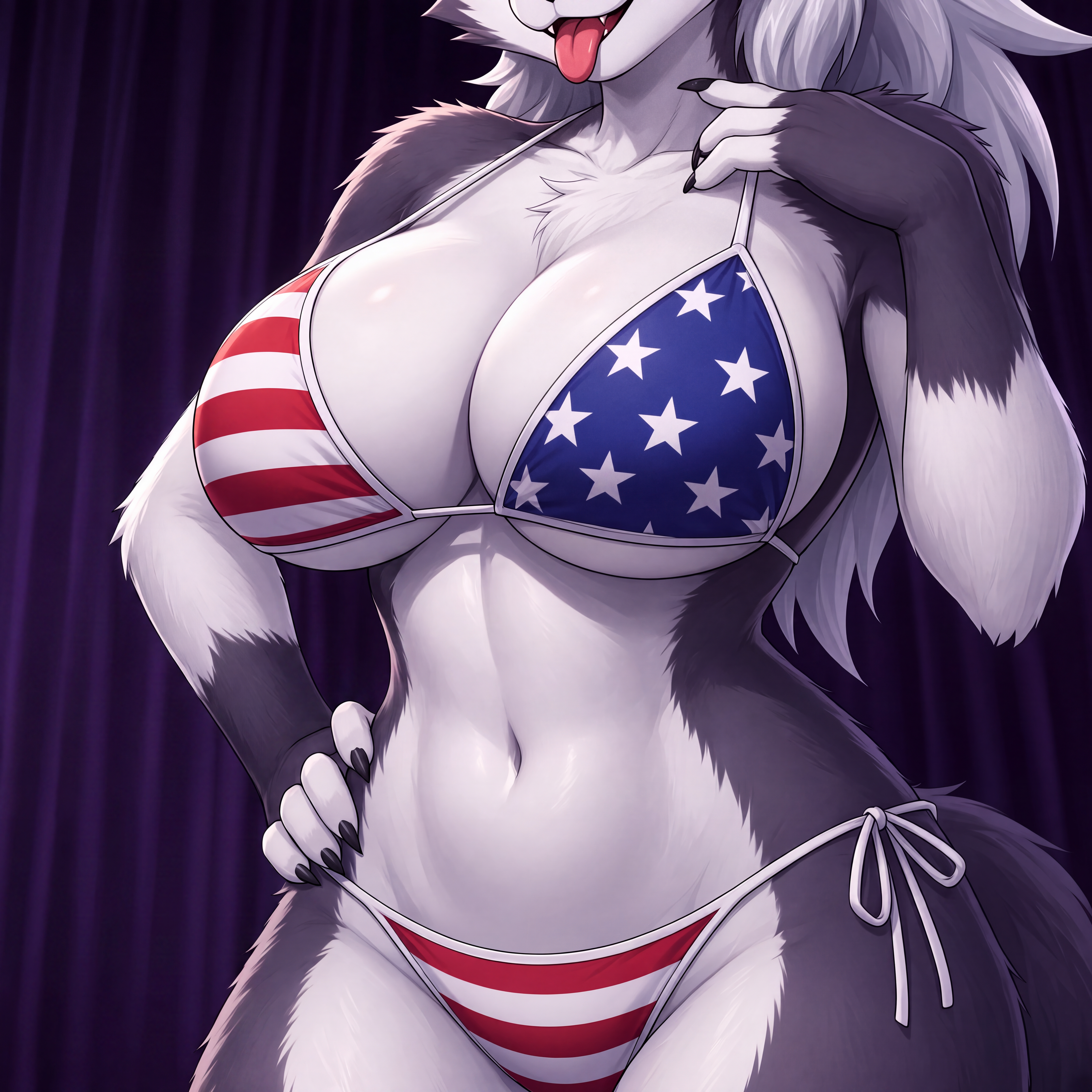 1girls, ai generated, american flag bikini, anthro, beautiful, bikini, black fingernails, black nails, busty, canid, canine, canis, clothed, clothing, curvaceous, curvaceous body, curvaceous female, curvaceous figure, curvy, curvy body, curvy female, curvy figure, demon, demon girl, female, female focus, female only, goth, goth girl, grey body, grey fur, grey hair, hand on hip, hellhound, helluva boss, hi res, high resolution, hires, long hair, loona (helluva boss), mildlyflirty, mythological canine, mythological creature, mythology, sexy, sexy body, sexy female, sexy pose, side-tie bikini, solo, solo female, tagme, tail, tongue, tongue out, two-tone body, two-tone fur, vivienne medrano, vivziepop, white body, white fur, wolf, wolf girl