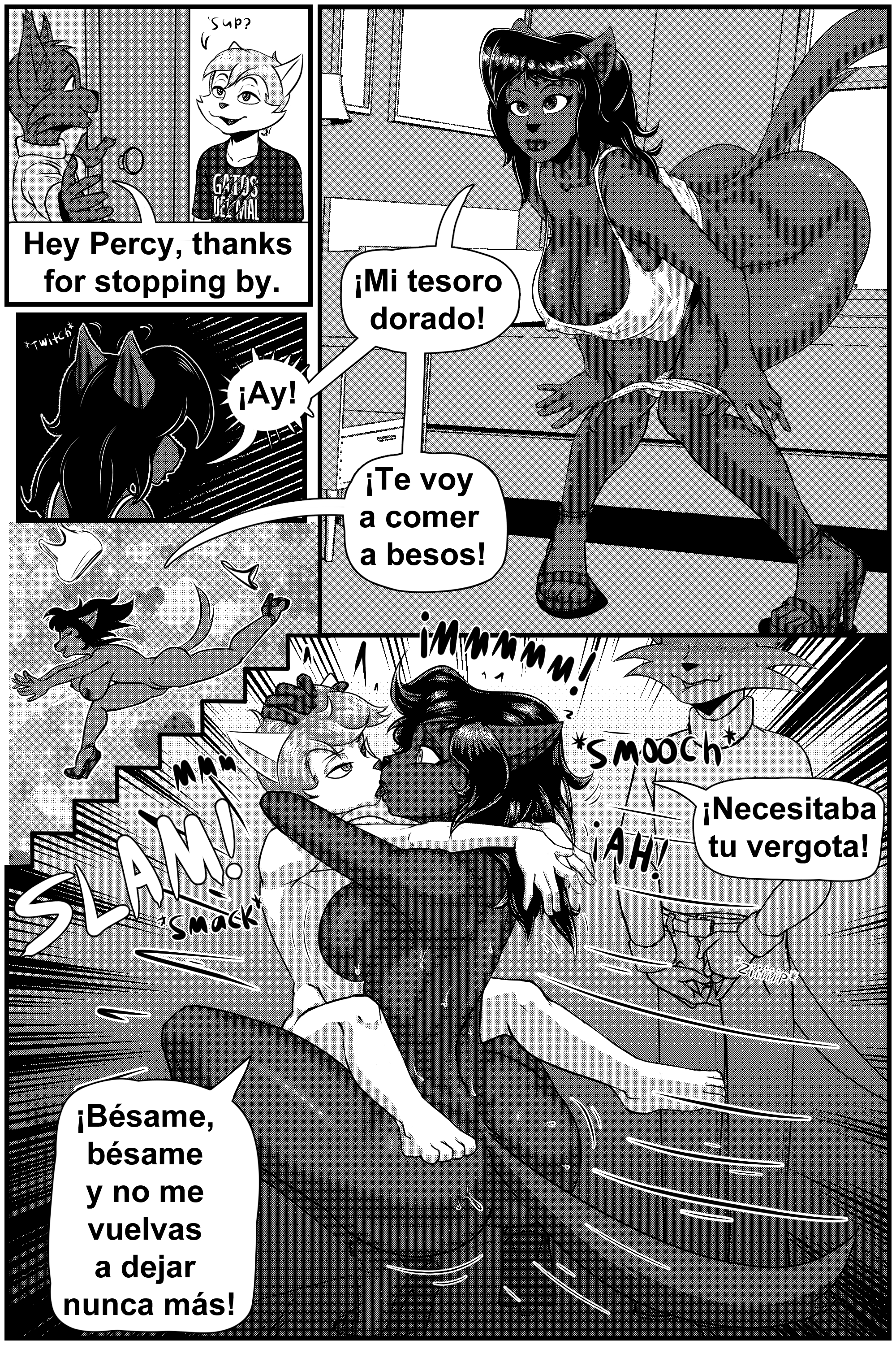 2:3, 2026, absurd res, age difference, anthro, big breasts, breasts, butt, callmewritefag, clothed, clothing, comic, cub, cucked by friend, cuckold, dialogue, digital drawing, digital media, domestic cat, duo, english text, facial tuft, felid, feline, felis, female, french kissing, friend's mom, friend's parent, fur, furry, group, hair, hanna-barbera, hi res, imierbenety, infidelity, jay guar, kassi guar, kissing, male, male/female, mammal, mature anthro, mature female, monochrome, nipples, ntr, nude, older female, percy lynxoln, screentone, shaded, size difference, spanish text, swat kats, tail, text, tongue, tongue out, trio, tuft, unzipping, young, young anthro, younger male