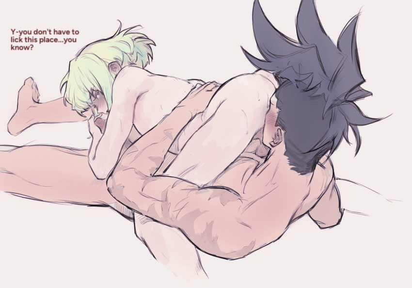 1femboy, 2boys, 2d, 2d (artwork), 69, 69 position, androgynous, ass, ass eating, ass focus, ass on face, blonde hair, blush, blushing, bob cut, dialogue, eating ass, embarrassed, femboy, feminine faced male, feminine male, galo thymos, gay, gay sex, lio fotia, nervous, on top, oral, oral sex, pale skin, petite, petite body, petite male, promare, rimming, rimming male, short hair, short male, shy, size difference, slim, slim male, slim waist, text, thin waist, twink, yaoi