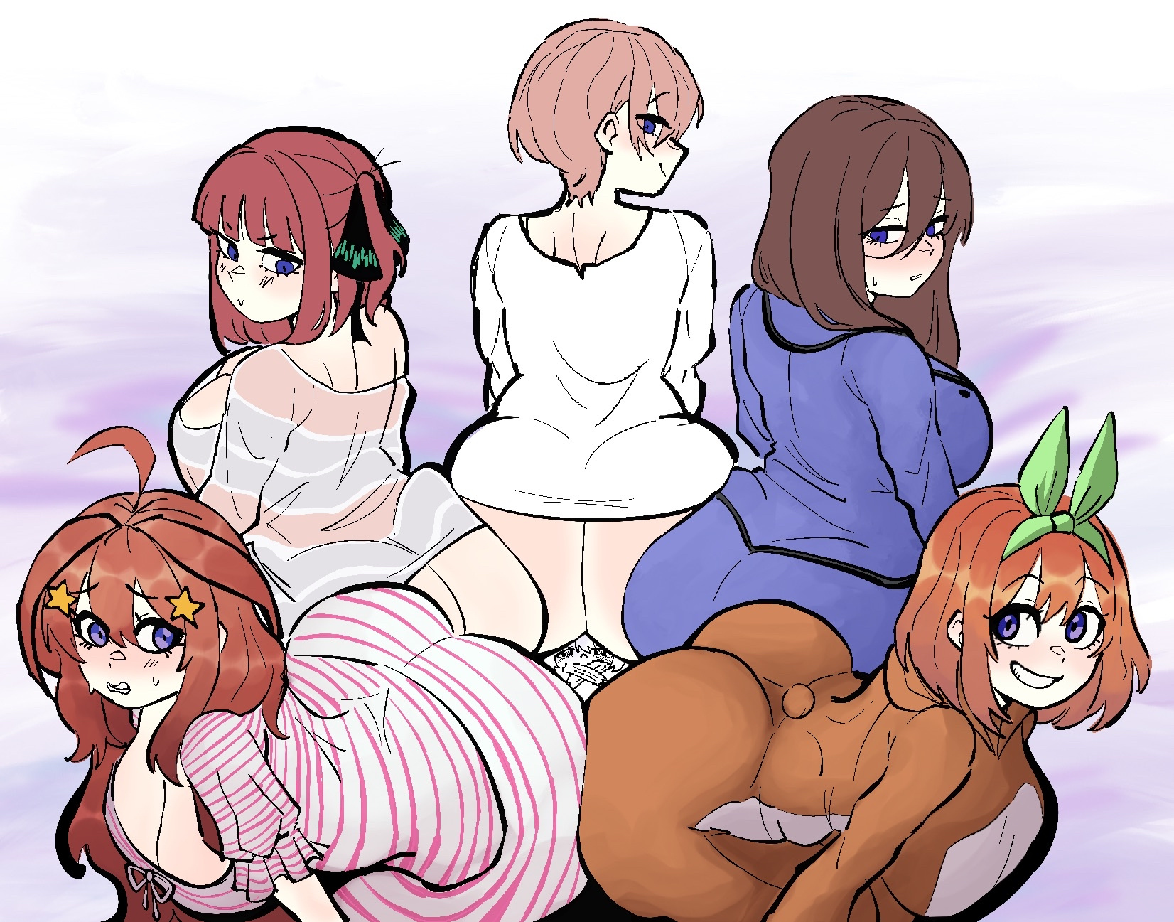 1boy, 5girls, ass, ass bigger than head, ass worship, butt, butt crush, buttcrush, milosartses, nakano ichika, nakano itsuki, nakano miku, nakano nino, nakano yotsuba, quintessential quintuplets