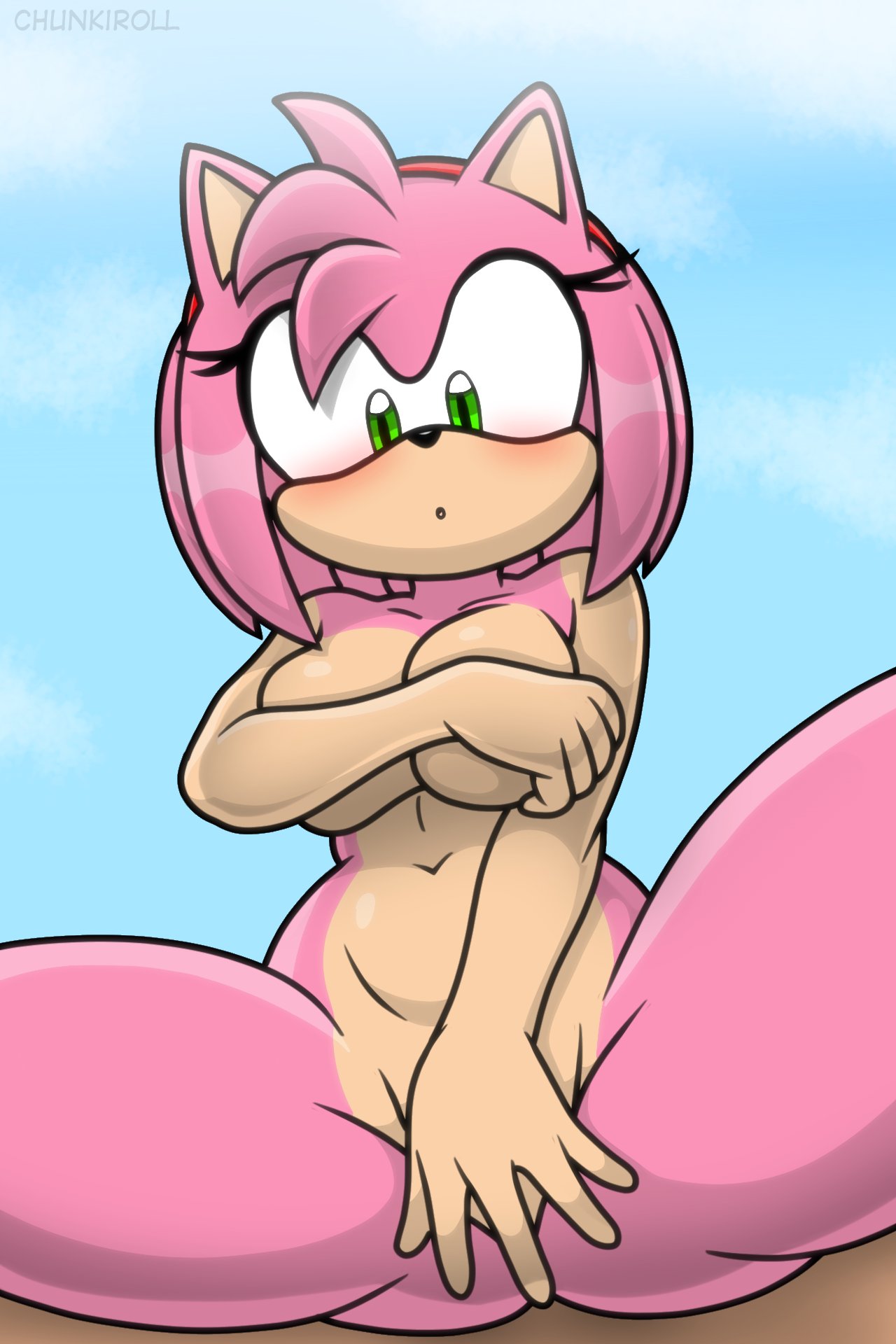 :o, 1girls, amy rose, anthro, artist name, big breasts, blush, chunkiroll, covering, covering breasts, covering crotch, embarrassed, embarrassed nude female, enf, female, green eyes, hairband, hedgehog, nude, pink fur, sega, sonic (series), sonic the hedgehog (series), spread legs, tagme