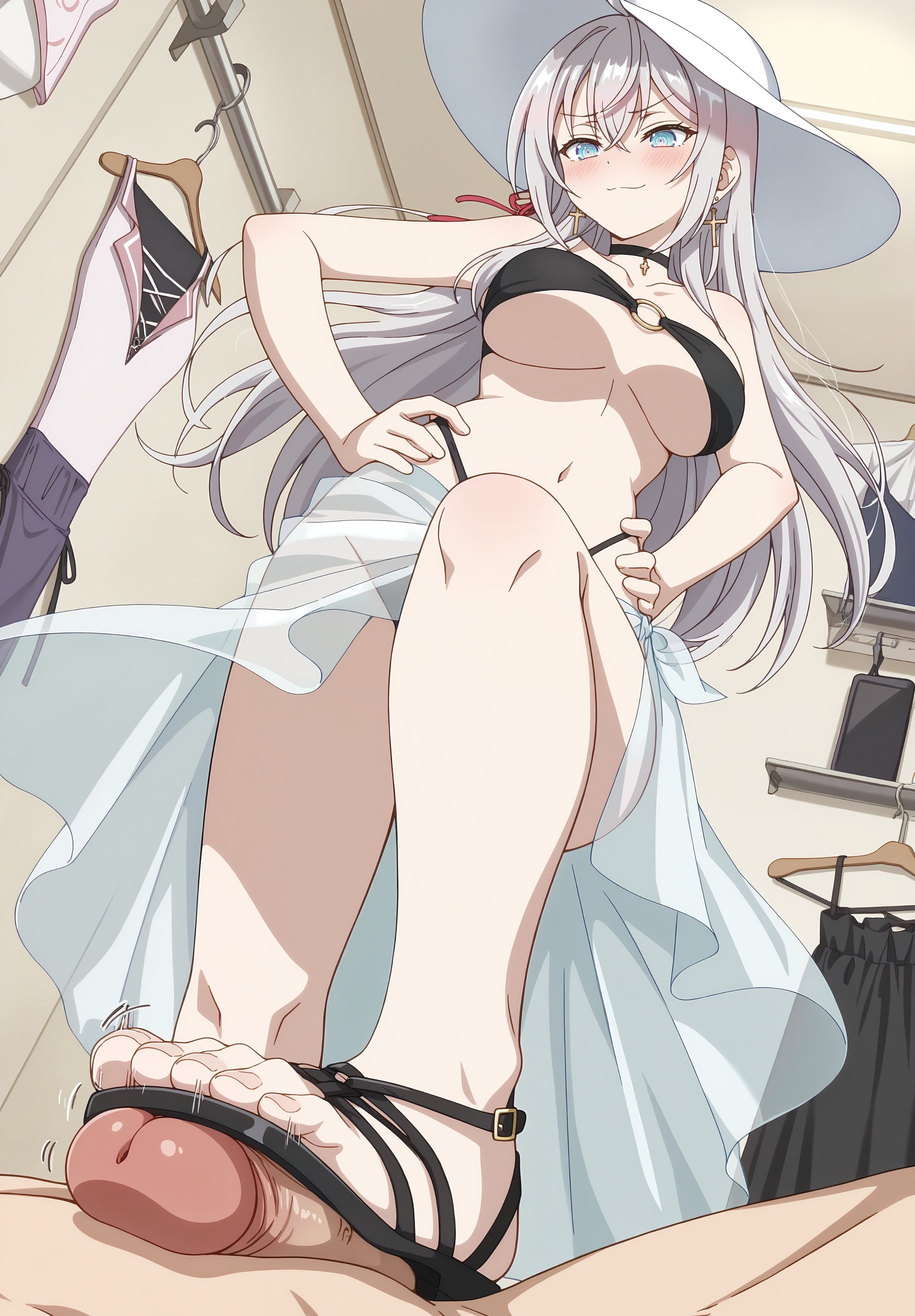1girl, ahoge, ai generated, alisa mikhailovna kujou, animal ears, ass, back, bangs, bare shoulders, blue eyes, blush, breasts, closed mouth, elbow gloves, eyebrows visible through hair, feet, gloves, hair between eyes, hair ribbon, long hair, looking at viewer, looking back, medium breasts, no shoes, phibsai, ribbon, roshidere, sideboob, silver hair, sitting, smile, soles, solo, striped, tail, thighhighs, underwear, vertical stripes, wariza, white gloves, white legwear