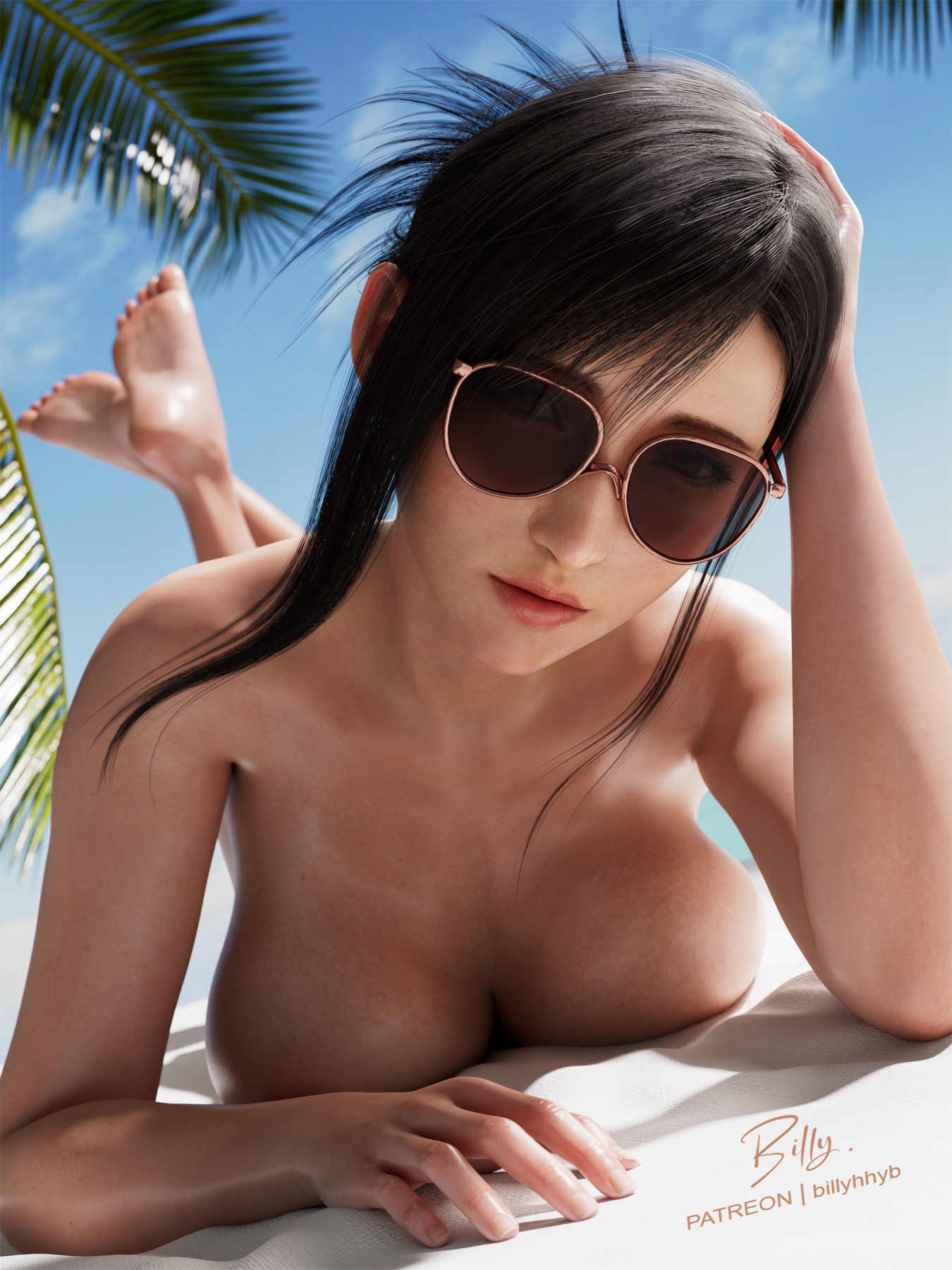 1girls, 3d, artist name, aviator sunglasses, beach, beach background, beach towel, big breasts, billyhhyb, black hair, breast squish, detailed background, feet, feet up, female, female only, final fantasy, final fantasy vii, final fantasy vii remake, foot fetish, hair bun, head on hand, laying down, laying on stomach, light skin, light-skinned female, long hair, looking at viewer, naked, naked female, nipples covered, nonsexual nudity, nude, nude female, outdoor nudity, outdoors, outside, outside nudity, palm tree, pinup, public, public nudity, soles, solo, solo female, sunglasses, the pose, tifa lockhart, tinted eyewear, watermark