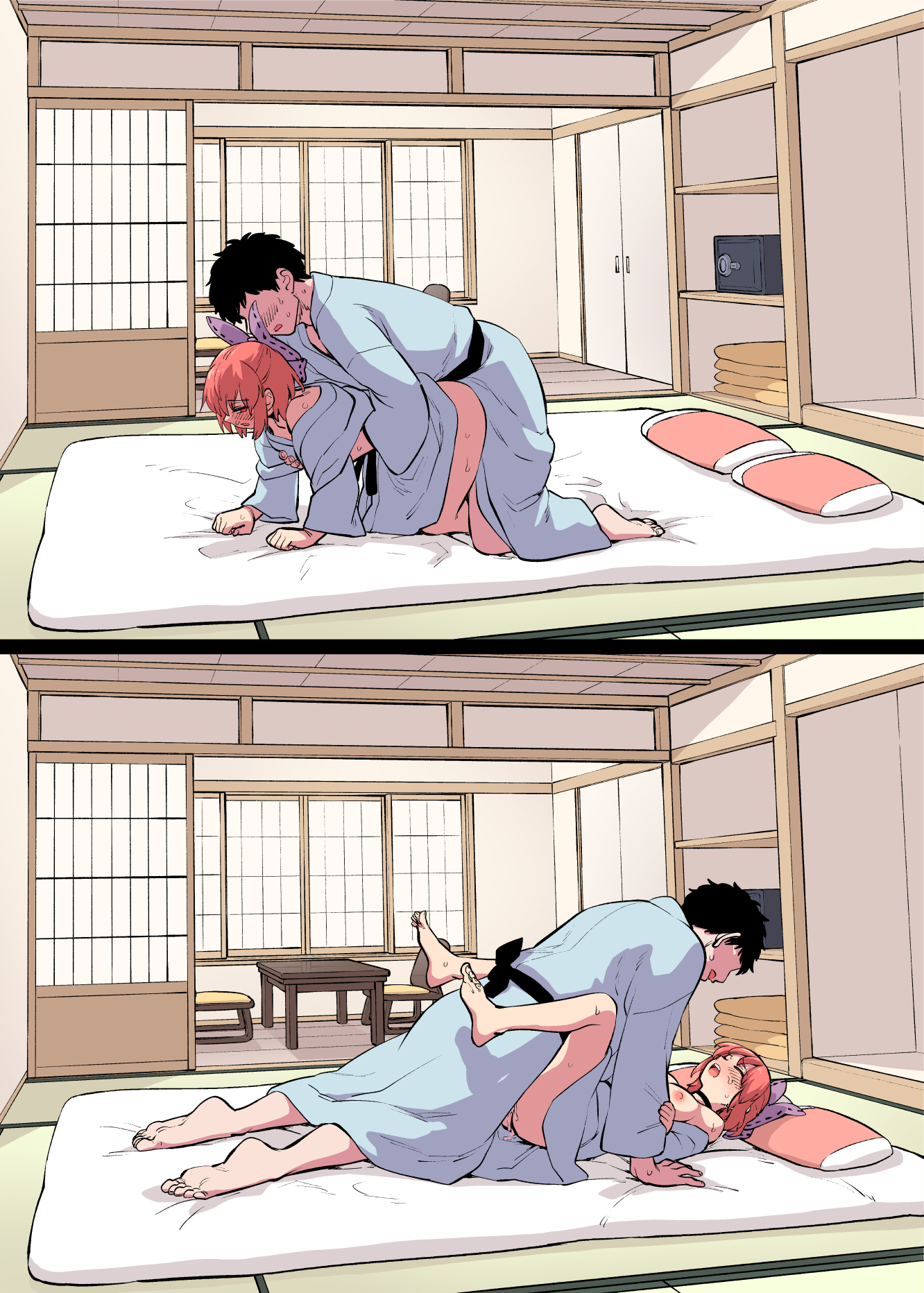 1boy, 1boy1girl, 1girl, 1girls, 2koma, alternate version at source, alternate version available, bed, bedroom, big penis, black hair, bow, bowtie, clothed, clothed sex, creampie, cum in pussy, cum inside, doggy style, doggystyle, eyeless male, futon, fuuzasa, grabbing, grabbing another's breast, grabbing from behind, groping, groping breasts, groping from behind, hair bow, hair ribbon, hetero, indoor, indoors, indoors sex, kimono, kimono open, large penis, love making, missionary position, no bra, open clothes, orgasm, orgasm face, penis, penis in pussy, pleasure face, red eyes, red hair, ribbon, sekibanki, sex, short hair, skeb commission, straight, sweat, sweatdrop, sweating, sweaty, sweaty body, touhou, vagina, vaginal, vaginal penetration, vaginal sex, variant, variant set, wholesome, wholesome sex, yukata