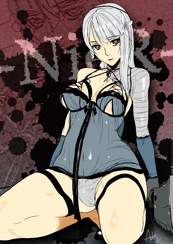 1futa ashiomi_masato asymmetrical_hair bandage bandages brown_eyes bulge cameltail cleavage curvy elbow_gloves erection erection_under_clothes flower futa_only futa_sans_balls futanari gloves hair_flower hair_ornament intersex intersex_only kaine_(nier) kneeling lingerie long_hair negligee nier_(series) nier_replicant panties penis penis_bulge penis_in_panties penis_under_clothes silver_hair small_penis solo spread_legs tenting underwear weapon