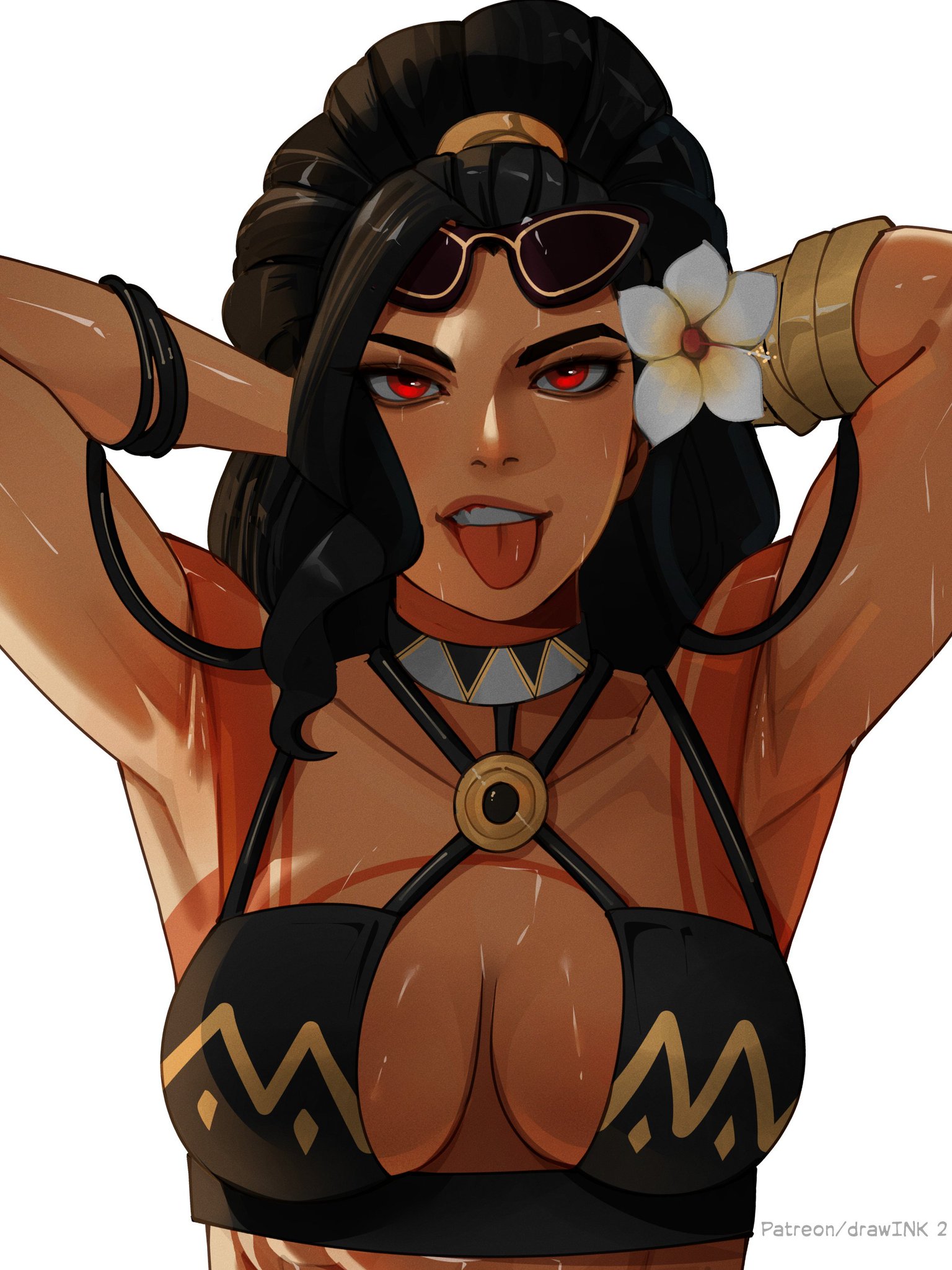 armpit, armpit fetish, armpits, arms behind head, arms up, baring teeth, beach clothes, beachside, big boobs, big breasts, big tits, bikini, black hair, boobs, breasts, drawink, female, female focus, female only, large boobs, large breasts, large tits, overwatch, red eyes, smile, smile at viewer, sweat, sweatdrop, sweating, sweaty, sweaty body, tattoo, tattoos, tits, titties, tongue, tongue out, vendetta, white background