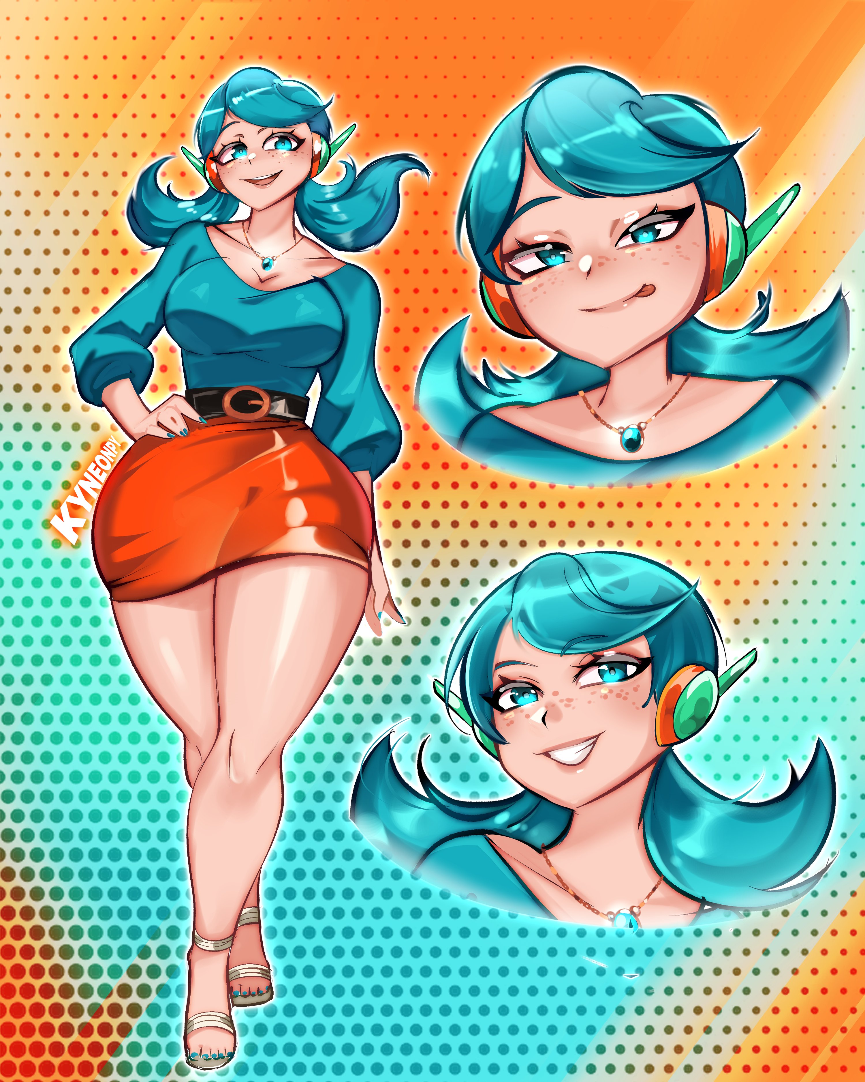 1girls, big thighs, blue eyes, blue hair, brawl stars, dress, mature female, smile, solo, solo female, supercell, tagme, tongue out, walking, wendy (brawl stars)