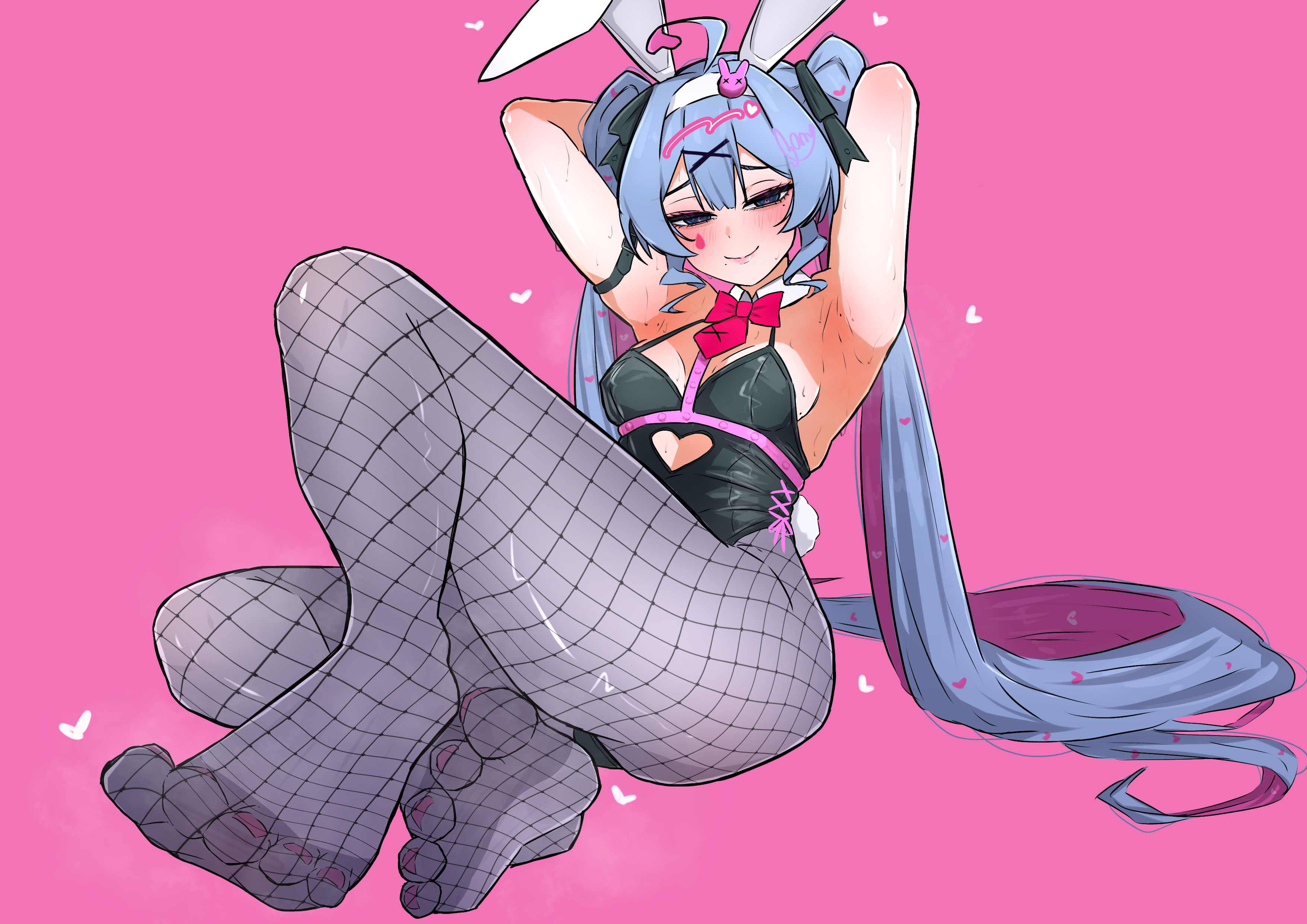 1girl, absurdres, armpits, aroused, blue hair, breasts, cleavage, commentary, feet, fishnets, foot focus, hatsune miku, highres, marubanu, pink background, playboy bunny, rabbit hole (vocaloid), sweat, thief, vocaloid