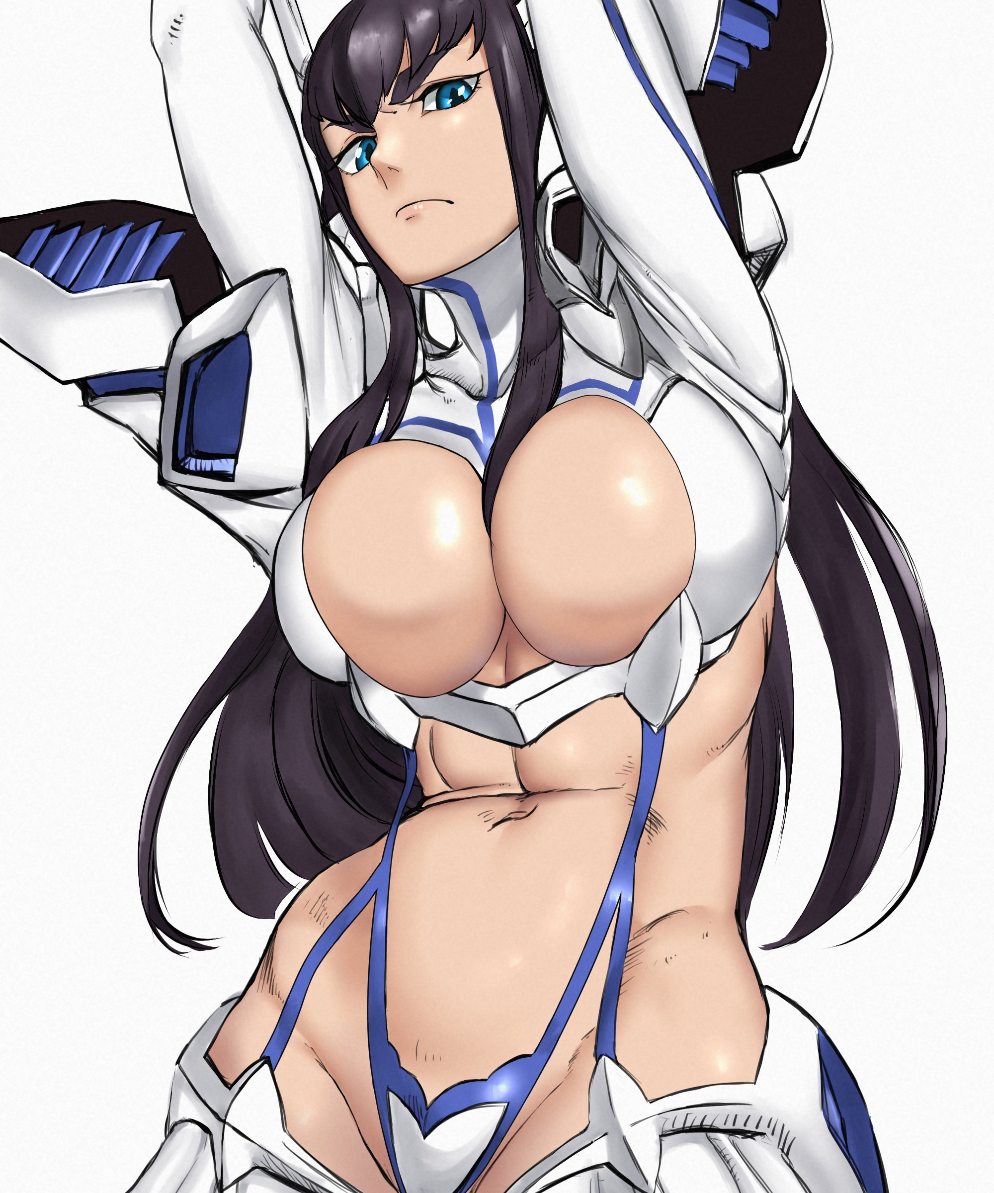 1girls, bangs, belly, belly button, big breasts, black hair, black-haired female, blue eyes, busty, cleavage, dark hair, female, female only, huge breasts, kill la kill, kiryuuin satsuki, large breasts, light skin, light-skinned female, masakado eeeee, revealing clothes, tummy