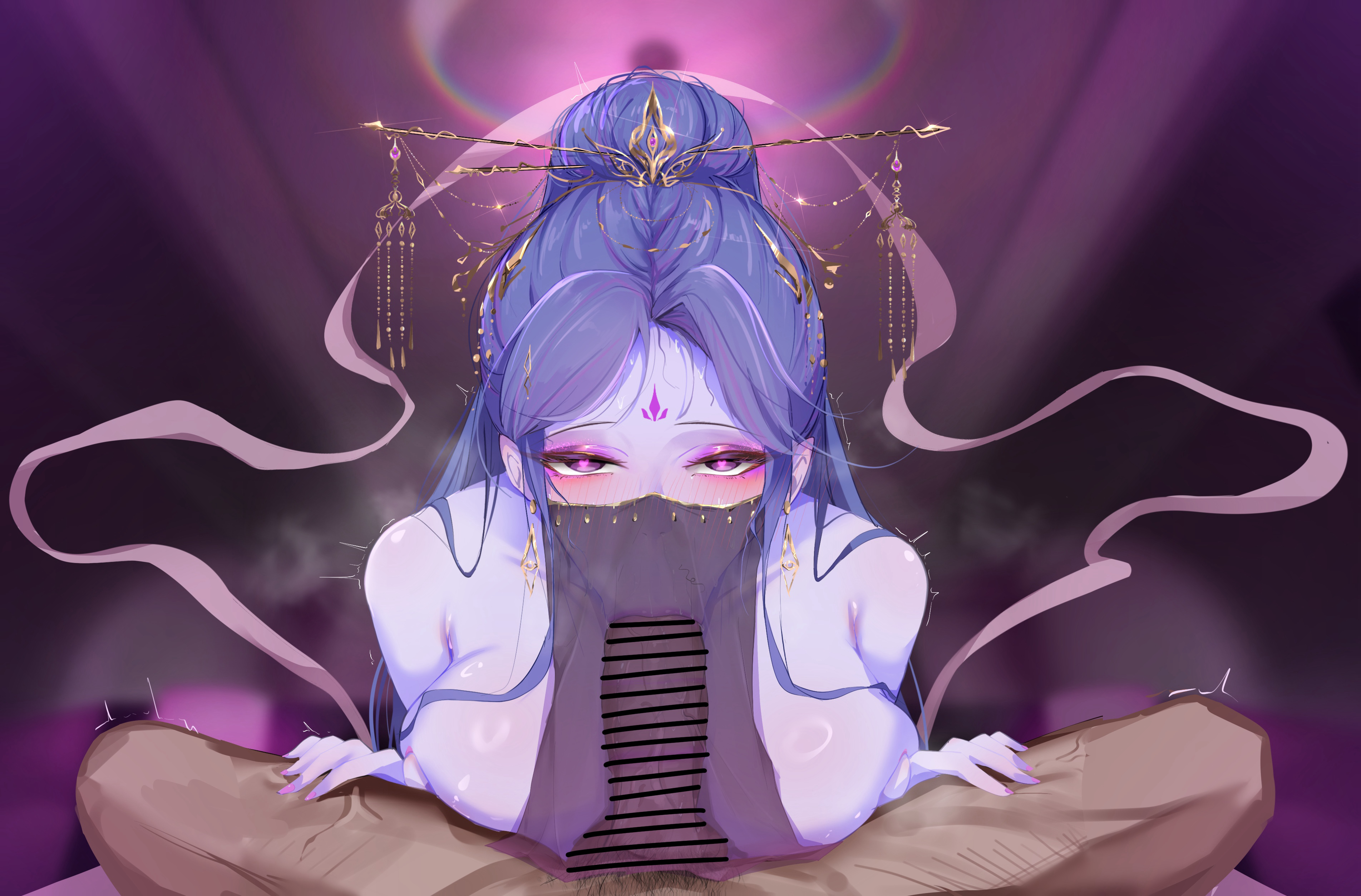 1boy, 1girls, blowjob, blowjob face, blowjob under mask, blue body, blue hair, blue skin, blush, censored, dogma zzzz, elegant female, fellatio, fellatio under mask, fellatio under veil, female, female focus, heart-shaped pupils, hetero, male, mask, masked female, oral, oral focus, oral sex, penis, penis in mouth, pov, pov blowjob, pov eye contact, pov male, sex, slay the spire, sleep-zzz, the watcher (slay the spire), vacuum fellatio, veil