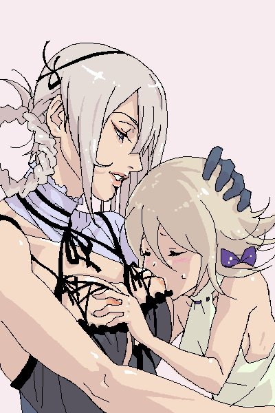2girls blue_eyes blush breast_sucking breasts closed_eyes female gloves head_grab kaine_(nier) long_hair nier_(series) nier_replicant nipples short_hair sideboob spoilers sweat yonah yuri