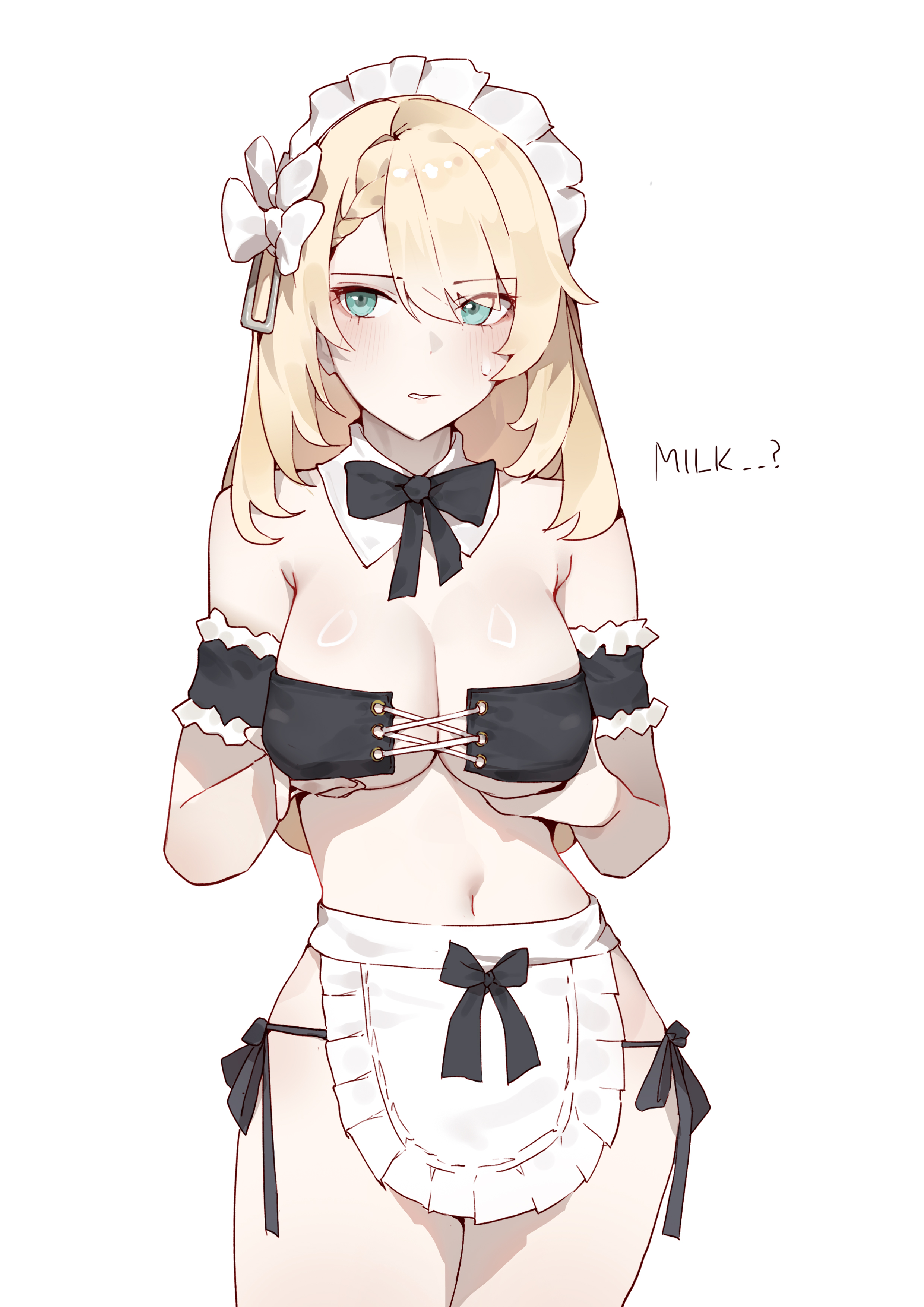 1girls, apron, big breasts, bikini, bikini bottom, bikini top, blonde hair, blue eyes, blush, breasts, centaureissi (girls' frontline 2), cleavage, cupping breasts, detached collar, english text, feet out of frame, female, female only, g36 (girls' frontline), girls' frontline, girls' frontline 2: exilium, holding breasts, large breasts, long hair, maid, maid bikini, maid headdress, navel, oritec, sweat, sweatdrop, text