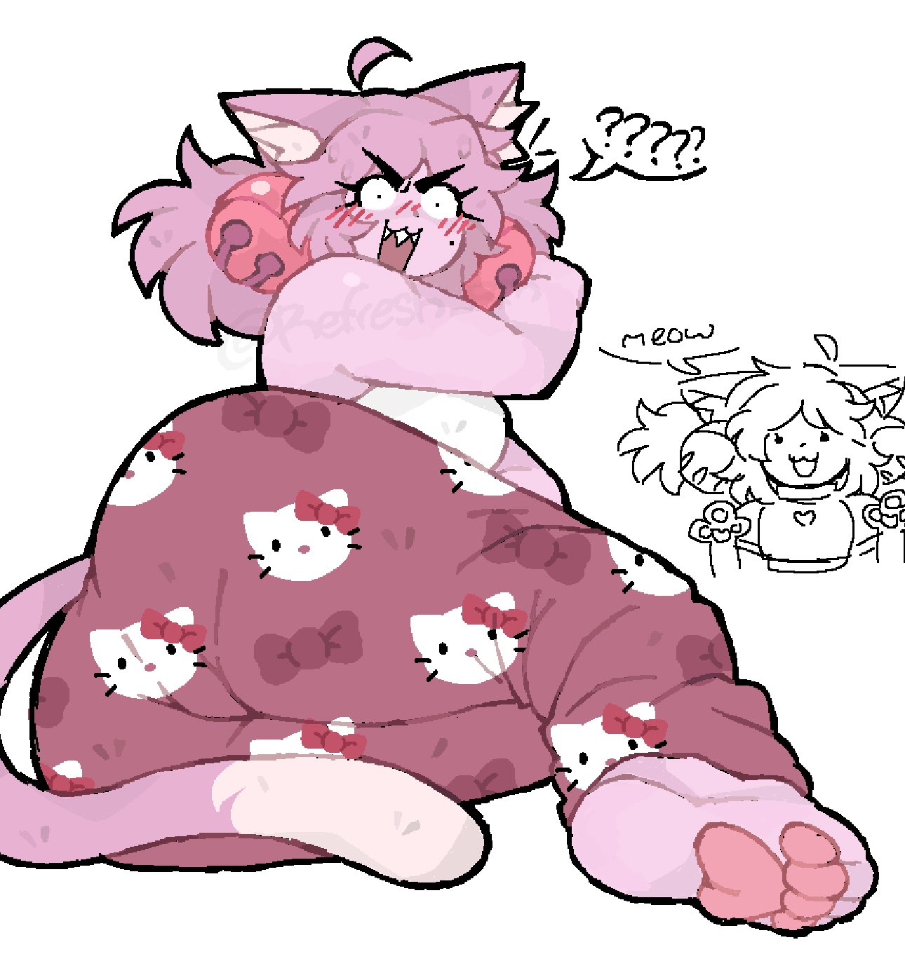 ass, ass focus, back view, bell, blush, cat ears, cat tail, deltarune, hello kitty (series), huge ass, leggings, looking at viewer, lying, mad mew mew, mew mew (undertale), pajama pants, pants, pink body, pink hair, refresh rm, sharp teeth, short hair, smile, startled, tagme, thick thighs, topwear, undertale (series), voluptuous, wide hips