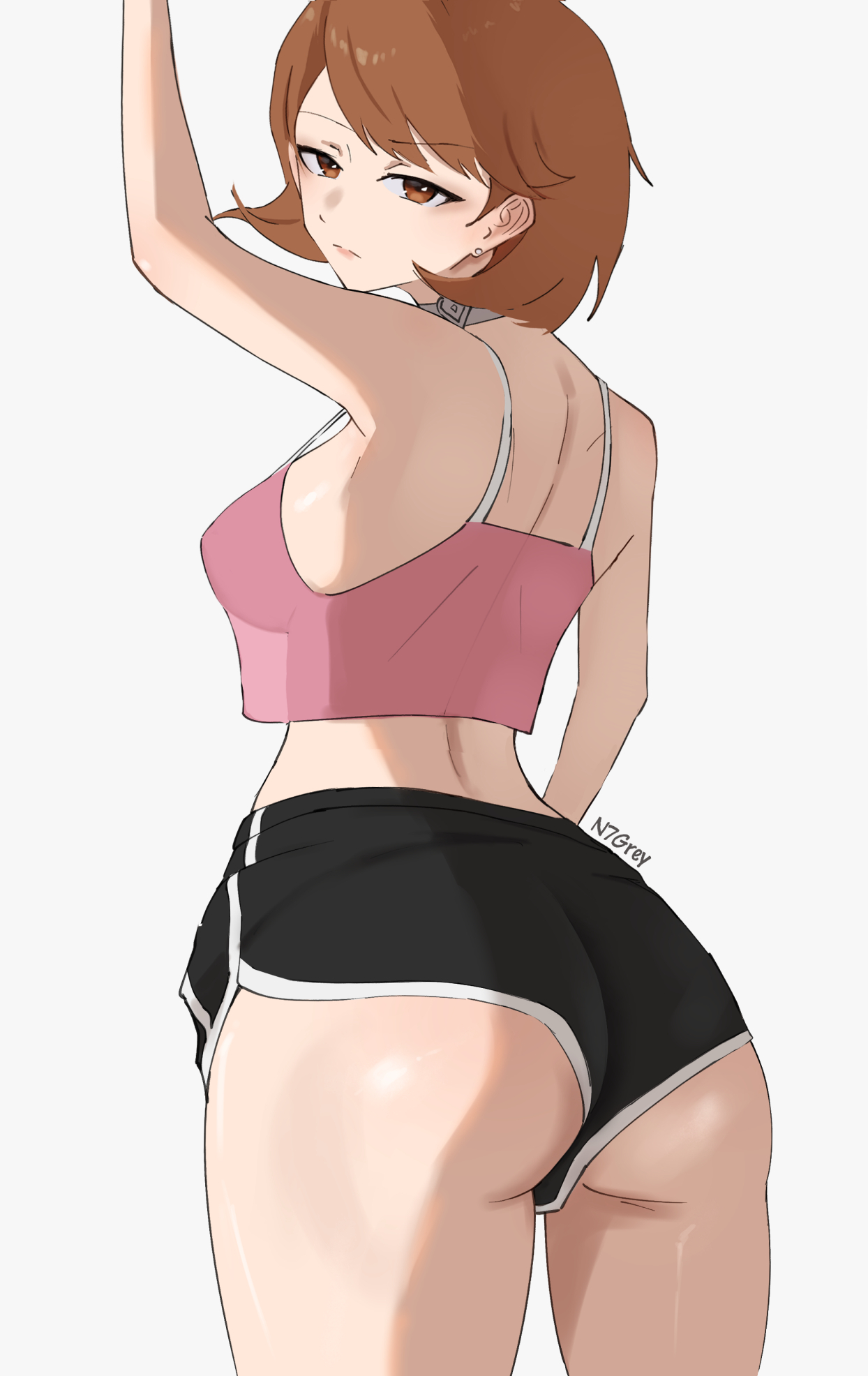 1girl, 2026, alternate costume, arm up, artist name, ass, bare shoulders, black shorts, breasts, brown eyes, brown hair, camisole, choker, closed mouth, cowboy shot, crop top, dolphin shorts, earrings, flipped hair, from behind, grey background, heart, heart choker, highres, jewelry, looking at viewer, looking back, medium breasts, n7grey, persona, persona 3, pink camisole, pink shirt, see-through clothes, see-through shirt, shirt, short hair, shorts, simple background, solo, spaghetti strap, stud earrings, takeba yukari, white choker, yukari takeba