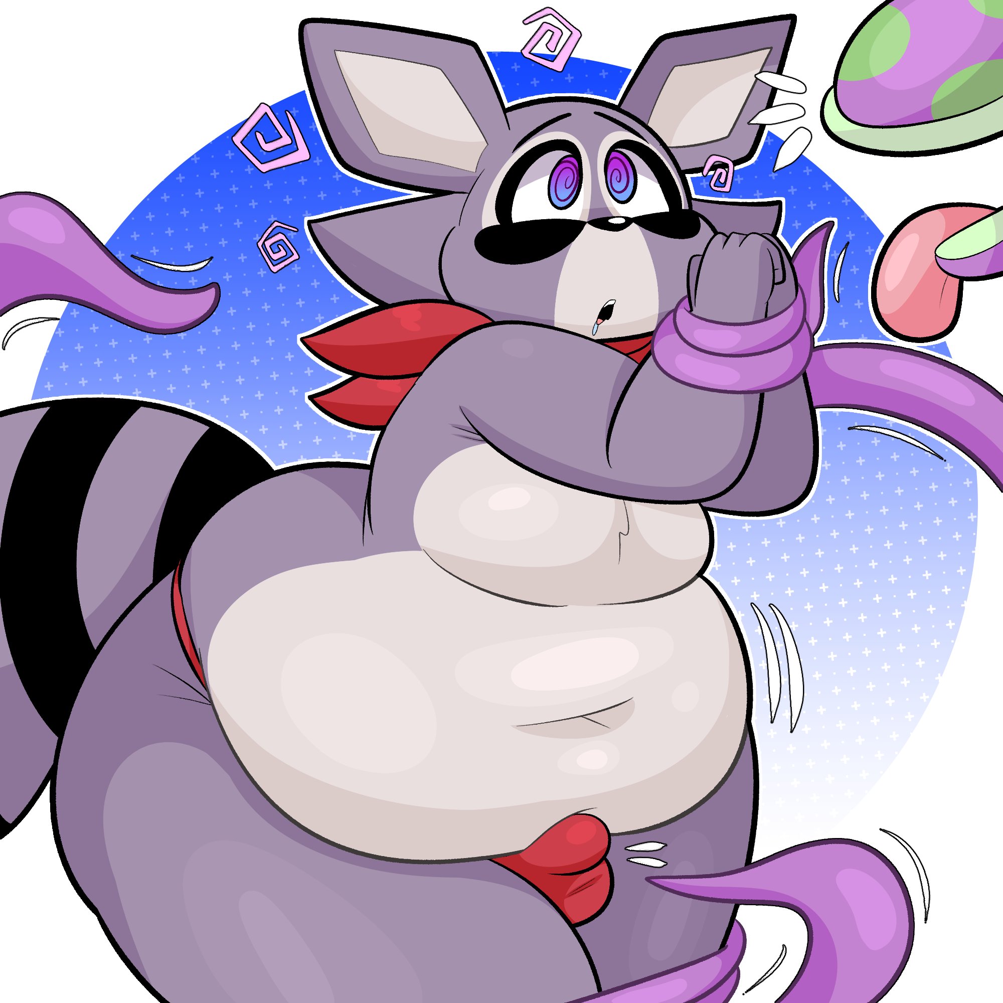 1boy, anthro, anthro only, ass, balls, ballsack, bandana, blitzy flair, blitzyflair, buldge, bulge, butt, chubby, chubby anthro, chubby belly, chubby femboy, chubby male, cock, dick, femboy, femboy only, furry, furry male, furry only, hypnosis, hypnotic eyes, hypnotized, hypnotized male, indigo park, legs tied, male, male only, mascot horror, mind control, penis, purple body, purple fur, raccoon, raccoon dog, raccoon ears, raccoon tail, rambley (indigo park), rambley raccoon, red bandana, red thong, slightly chubby, slightly chubby anthro, slightly chubby male, slighty chubby, small cock, small dick, small penis, striped tail, submissive, submissive anthro, submissive femboy, submissive male, tentacle, tentacles, thick, thick ass, thick legs, thick thighs, thong, tied arms, tied hands, tied legs, tied up