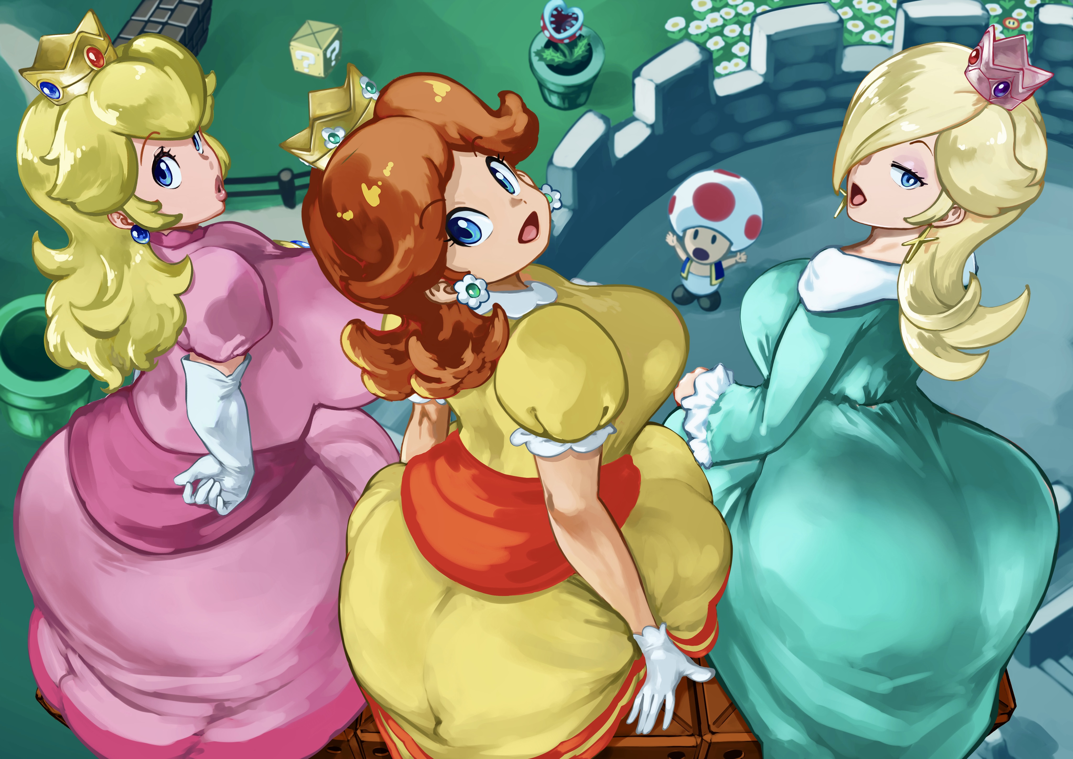 3girls, ass, blonde hair, blue eyes, brown hair, curvy, female, hair over one eye, huge ass, kyugata, large breasts, looking at viewer, looking back, mario (series), nintendo, princess daisy, princess peach, princess rosalina, super mario bros., super mario galaxy, wide hips