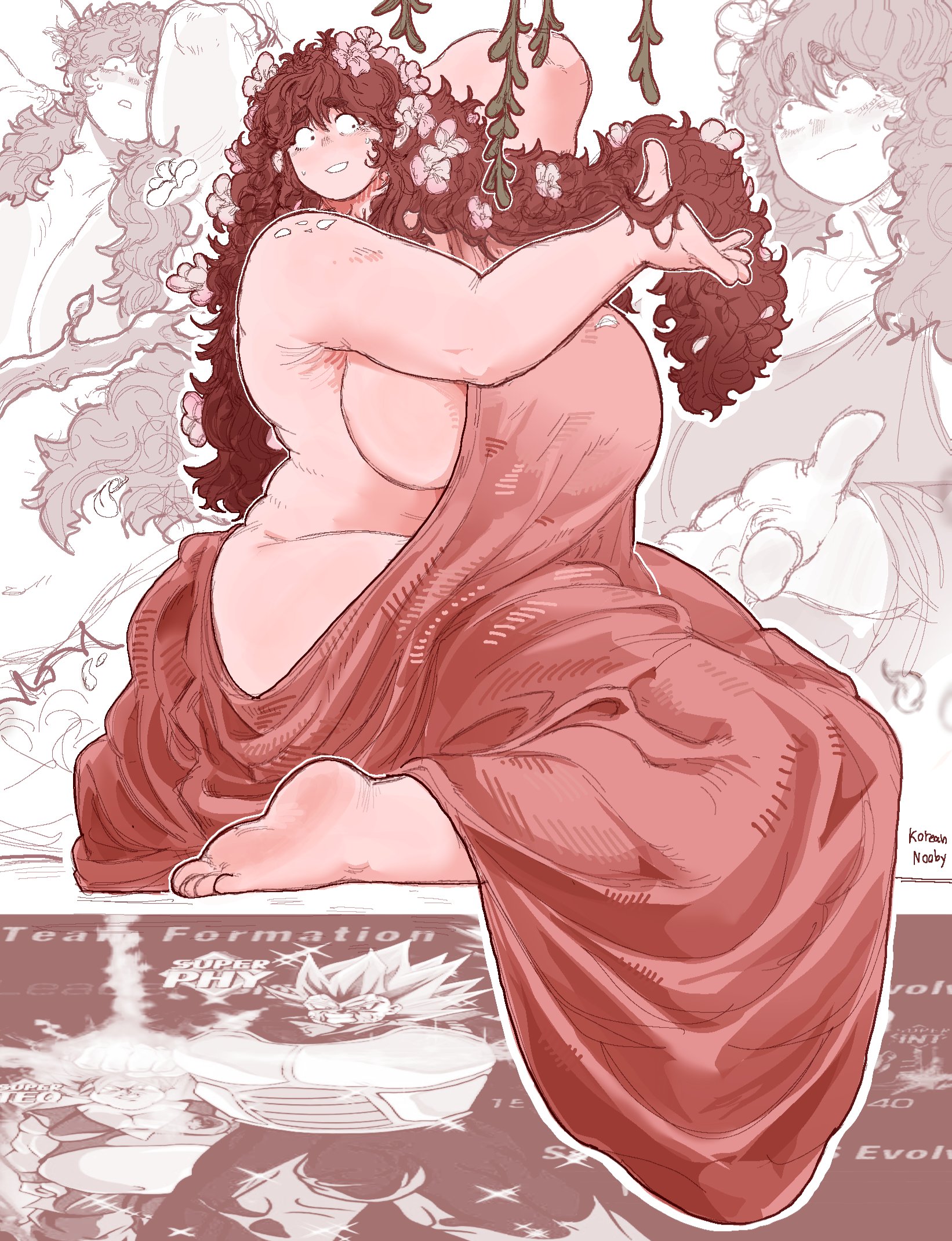 1girls, almost naked, auburn hair, background, barefoot, bbw, beautiful, beautiful girl, blush, bottom heavy, breast peek, chubby, chubby belly, chubby female, cleavage, cute, dress, fat, feet, female, flower, flower in hair, flowers, french, friday night funkin, friday night funkin mod, girlfriend (friday night funkin), gown, happy, huge breasts, huge thighs, hyper thighs, korean nooby (artist), long hair, looking at viewer, massacre girlfriend (friday night funkin), messy hair, millie (mistful crimson morning), mistful crimson morning, nature, nearly nude, nervous sweat, oc, original, peek, robe, robe only, sitting, sketch page, smile, soft, soles, sweat, sweatdrop, thick ass, thick female, thick thighs, thighs, thunder thighs, toes, vegeta, wholesome, wide hips