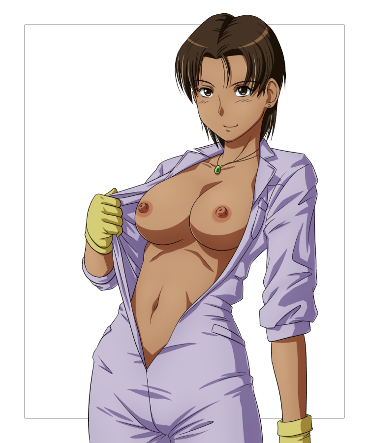 1girls 2010 black_hair blush breasts cowboy_shot curvaceous dark-skinned_female dark_skin female gloves gundam human jumpsuit large_breasts marbet_fingerhat nipples pilot_suit pointy_chin presenting shikuta_maru short_hair smile solo uniform unzipped victory_gundam