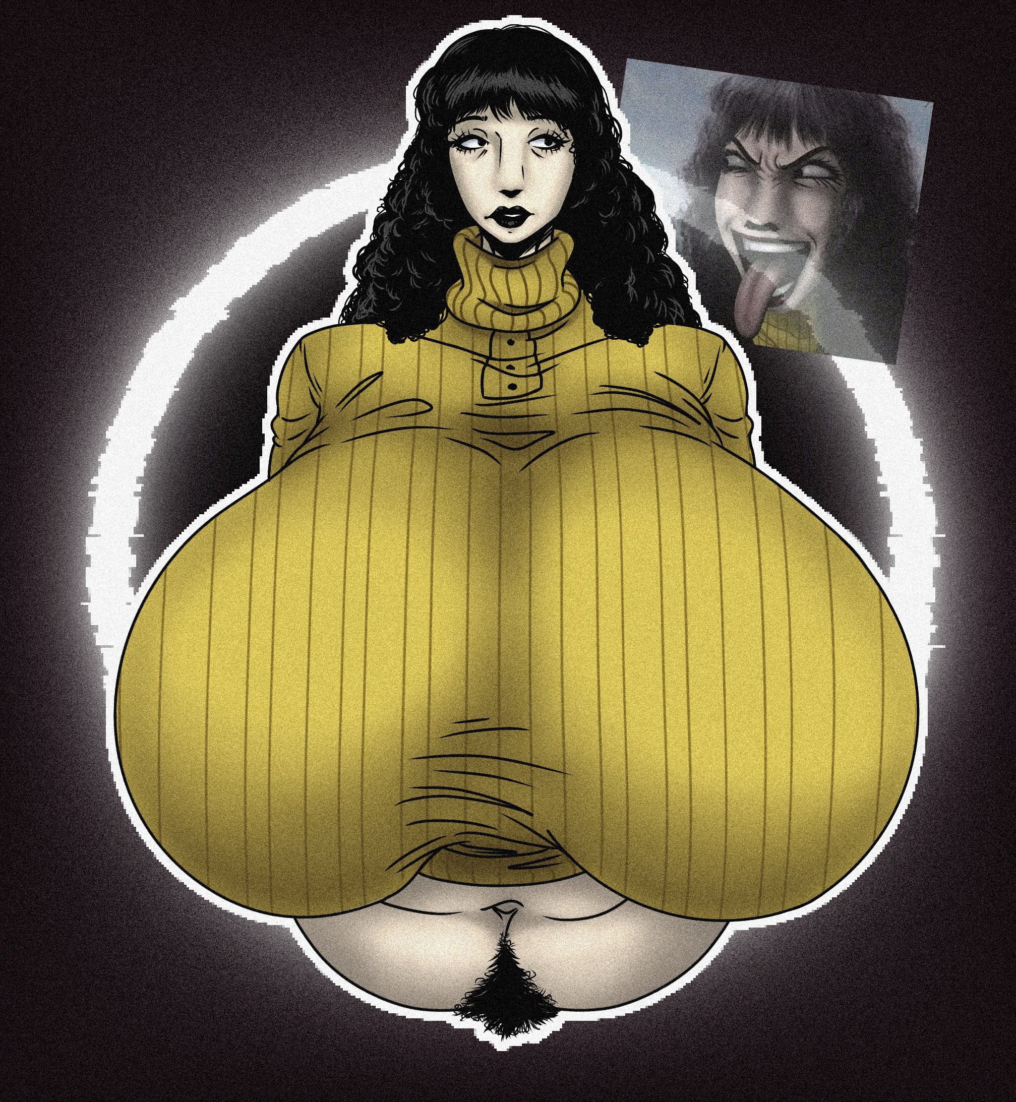 1female, 1girl, 1girls, angelh96334, belly, big breasts, black eyes, black hair, black lips, black lipstick, breasts, breasts bigger than head, bush, bust, bust focus, bust style, busty, busty female, chubby, chubby female, clothed, clothed female, curly hair, eyelashes, female, female human, female only, gigantic breasts, huge breasts, human, human female, hyper, hyper breasts, large breasts, looking aside, mature, mature female, mature woman, milf, miserable, mother, navel, pubic hair, rosemary walten, solo, solo female, stomach, sweater, the walten files, turtleneck, turtleneck sweater, yellow sweater, yellow turtleneck