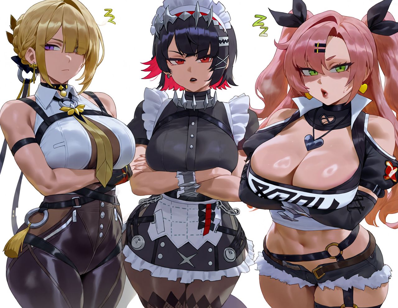 3girls, ai generated, big breasts, big thighs, black hair, blonde female, blonde hair, bob cut, braid, braided hair, choker, crop top, crossed arms, curvy, curvy body, curvy female, curvy figure, curvy hips, curvy thighs, disgust, disgusted, disgusted look, earrings, ellen joe, evelyn chevalier, female, female only, green eyes, hoyoverse, huge breasts, kyoru189, large breasts, light skin, light-skinned female, long hair, looking at viewer, maid, maid cap, maid headdress, maid uniform, mature female, mihoyo, nicole demara, no sleeves, pants, pantyhose, pink hair, purple eyes, red eyes, red hair, schoolgirl, sfw, shiny, shiny skin, shirt, short hair, shorts, skirt, sleveeless shirt, solo, solo female, tie, twintails, zenless zone zero