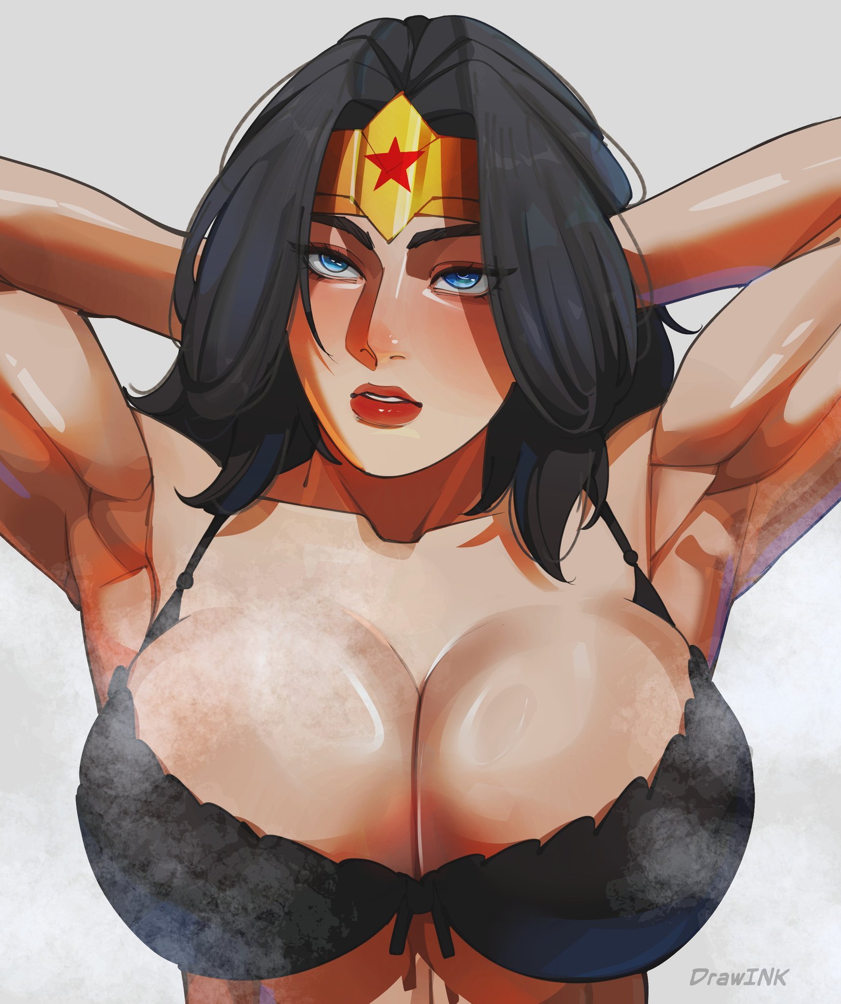 1girls, abs, armpit, armpit crease, armpit fetish, armpit sweat, armpits, arms up, athletic, athletic female, big boobs, big breasts, big tits, black hair, black lingerie, blue eyes, boobs, bra, breasts, cleavage, crown, dc, dc comics, diana of themyscira, drawink, female, female focus, female only, large boobs, large breasts, large tits, lingerie, red lipstick, steam, steaming body, stomach, sunny, sweat, sweaty, sweaty armpits, tits, titties, toned, toned body, toned female, tummy, wonder woman, wonder woman (series)