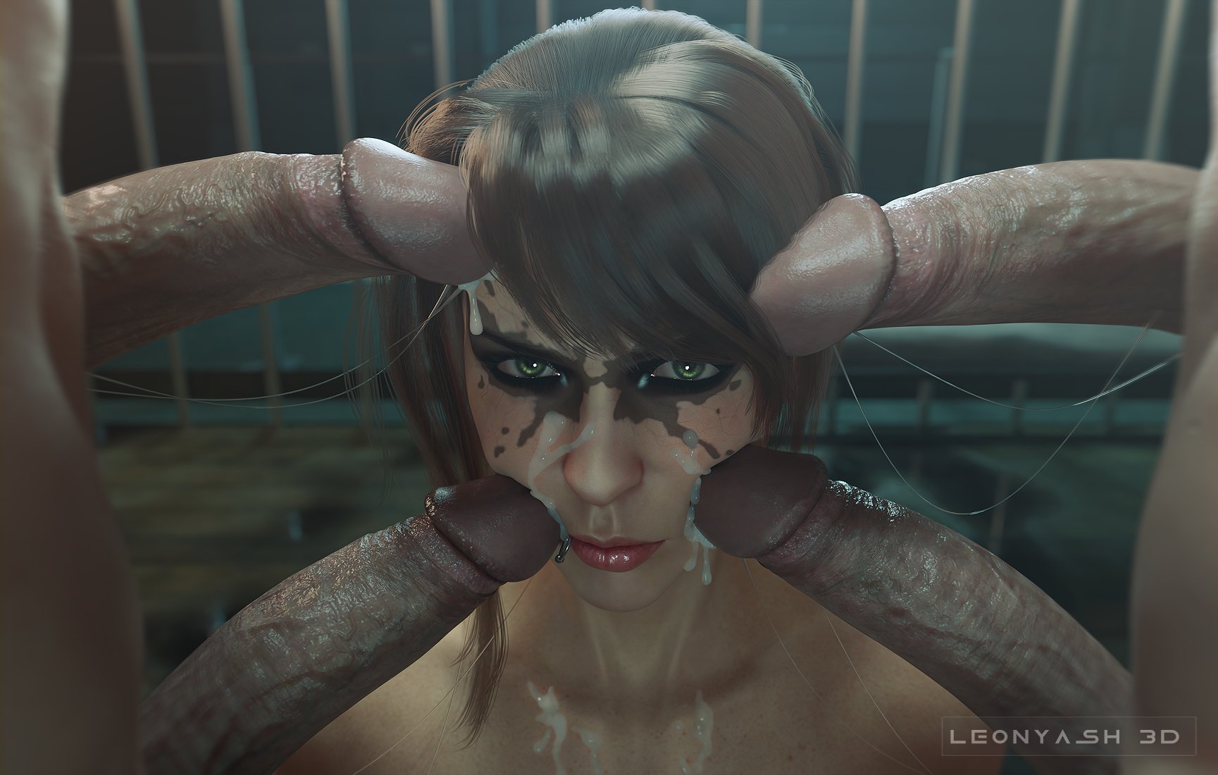1girls, 3d, 4 penises, 4boys, annoyed, annoyed expression, art trend, artist name, big penis, brown hair, cheek squish, circumcised, cock in face, cum, cum drip, cum on body, cum on face, cum string, detailed background, eyeliner, eyeshadow, facial, female, green eyes, hetero, huge cock, imminent oral, imminent sex, jail, jail cell, jumpsuit, leonyash3d, light skin, light-skinned female, light-skinned male, lip piercing, lip ring, lipstick, long hair, makeup, male, male/female, mascara, meme, meme reference, metal gear, metal gear solid, metal gear solid v, mmmmf fivesome, multiple penises, naked, naked female, naked male, nude, nude female, nude male, penis on face, penis on head, piercing, piercings, quiet (metal gear), redline surrounded by guns (meme), spine (game), stefanie joosten, straight, surrounded by penises, trend, watermark