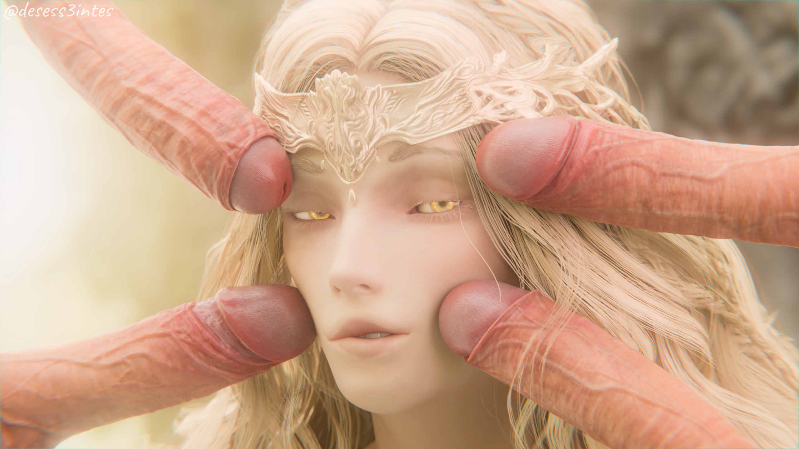 3d, 3d (artwork), 4 penises, 5boys, blender, blender (software), blonde hair, desess3intes, elden ring, femboy, light skin, light-skinned male, looking at viewer, meme, meme reference, miquella, miquella the kind, multiple penises, pale skin, pale-skinned female, penis on face, redline surrounded by guns (meme), shadow of the erdtree, smug, smug face, spine (game), surrounded by penises, tagme, twink, yellow eyes