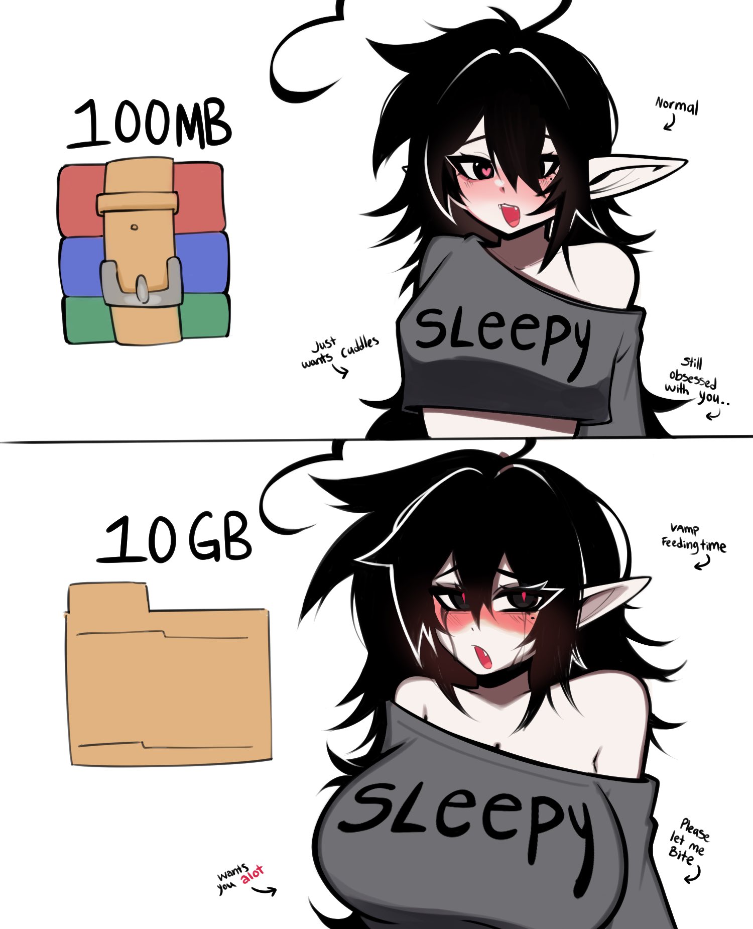 big breasts, black hair, blushing, breast expansion, busty, busty female, elf, elf ears, elf female, fluffy hair, goth, goth girl, long hair, mistysnugglebug, size difference, sleepy (mistysnugglebug), vampire, vampire girl