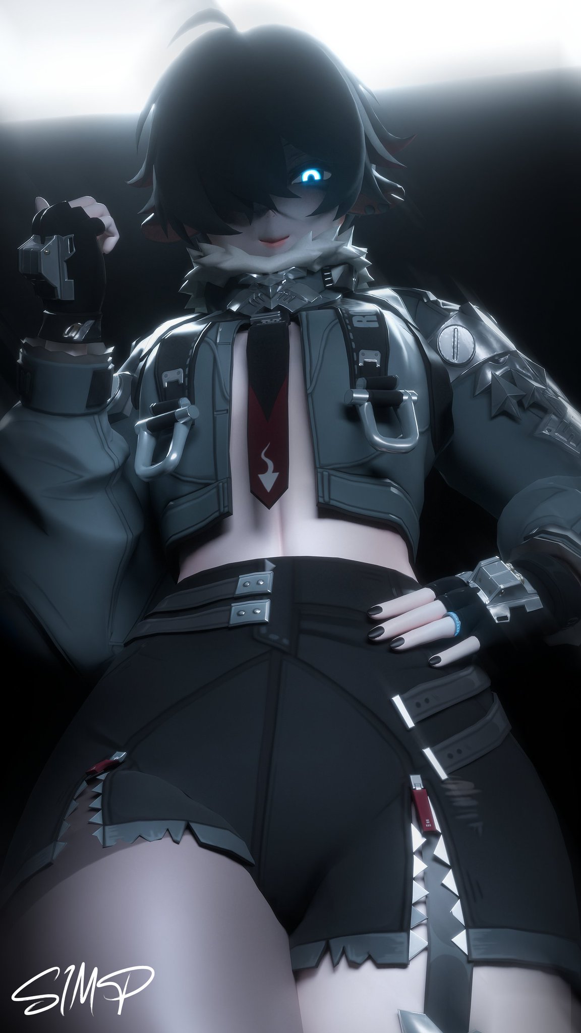 1boy, 3d, 3d (artwork), 3d model, 3d render, femboy, genderswap, genderswap (ftm), glowing eyes, hair over one eye, jane doe (zenless zone zero), john doe (zenless zone zero) (scopeophilia), light skin, light-skinned male, ryukoissimping, short hair, short hair male, solo, solo femboy, solo focus, solo male, twink, watermark, zenless zone zero