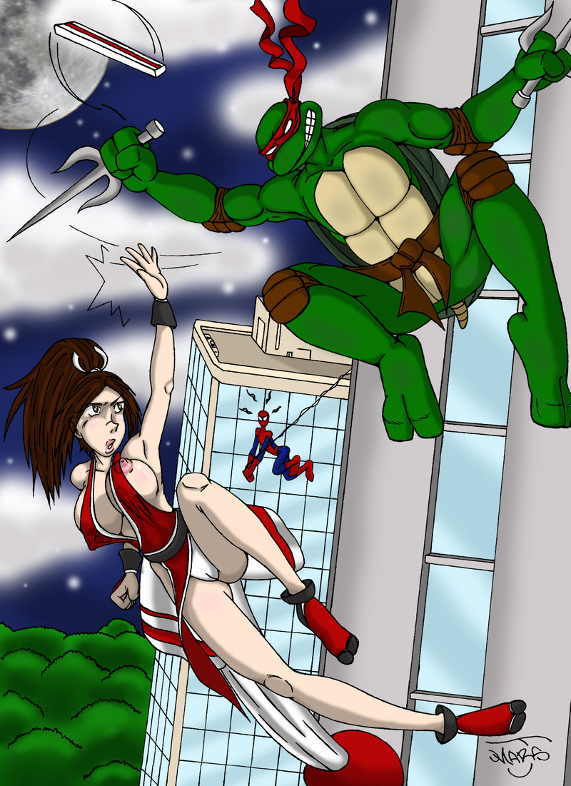 1girls 2boys crossover eastern_and_western_character female green_skin human king_of_fighters mai_shiranui marsj marvel raphael snk spider-man spider-man_(series) straight_hair teenage_mutant_ninja_turtles